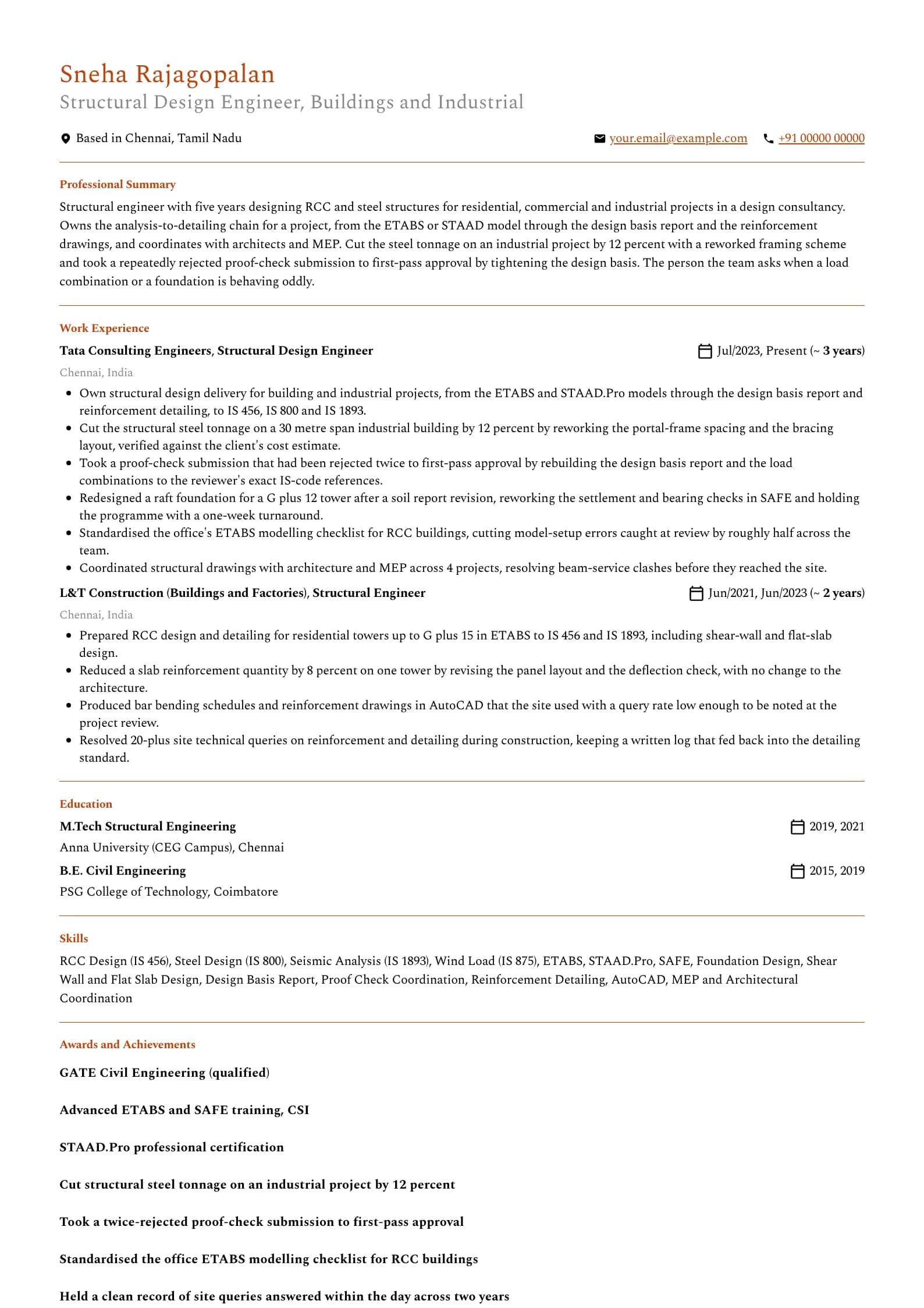 Structural Engineer resume example for Mid-level (5 years), professional template, showing professional summary, work experience, skills, education and certifications