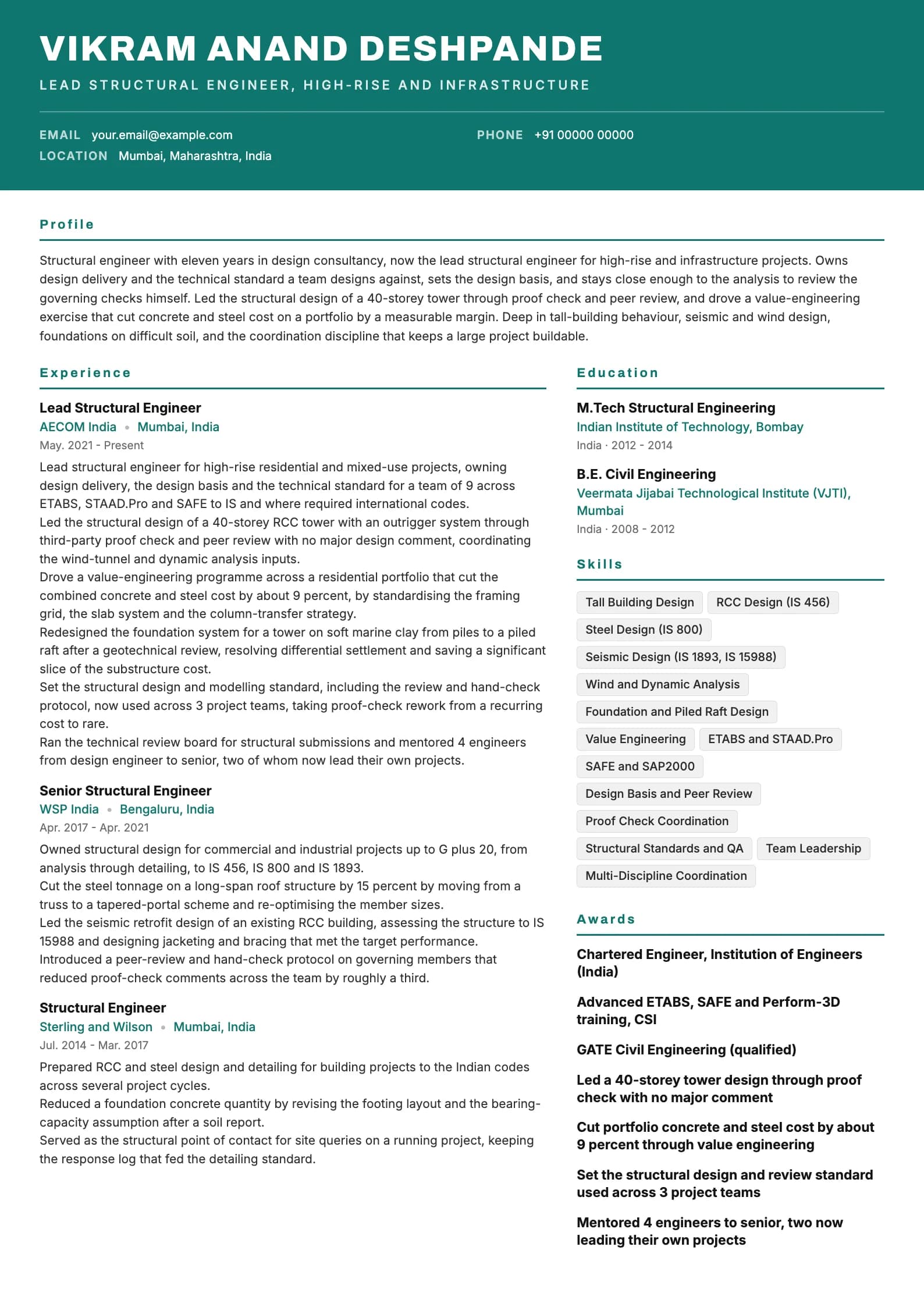 Structural Engineer resume example for Senior (11 years), header-band template, showing professional summary, work experience, skills, education and certifications