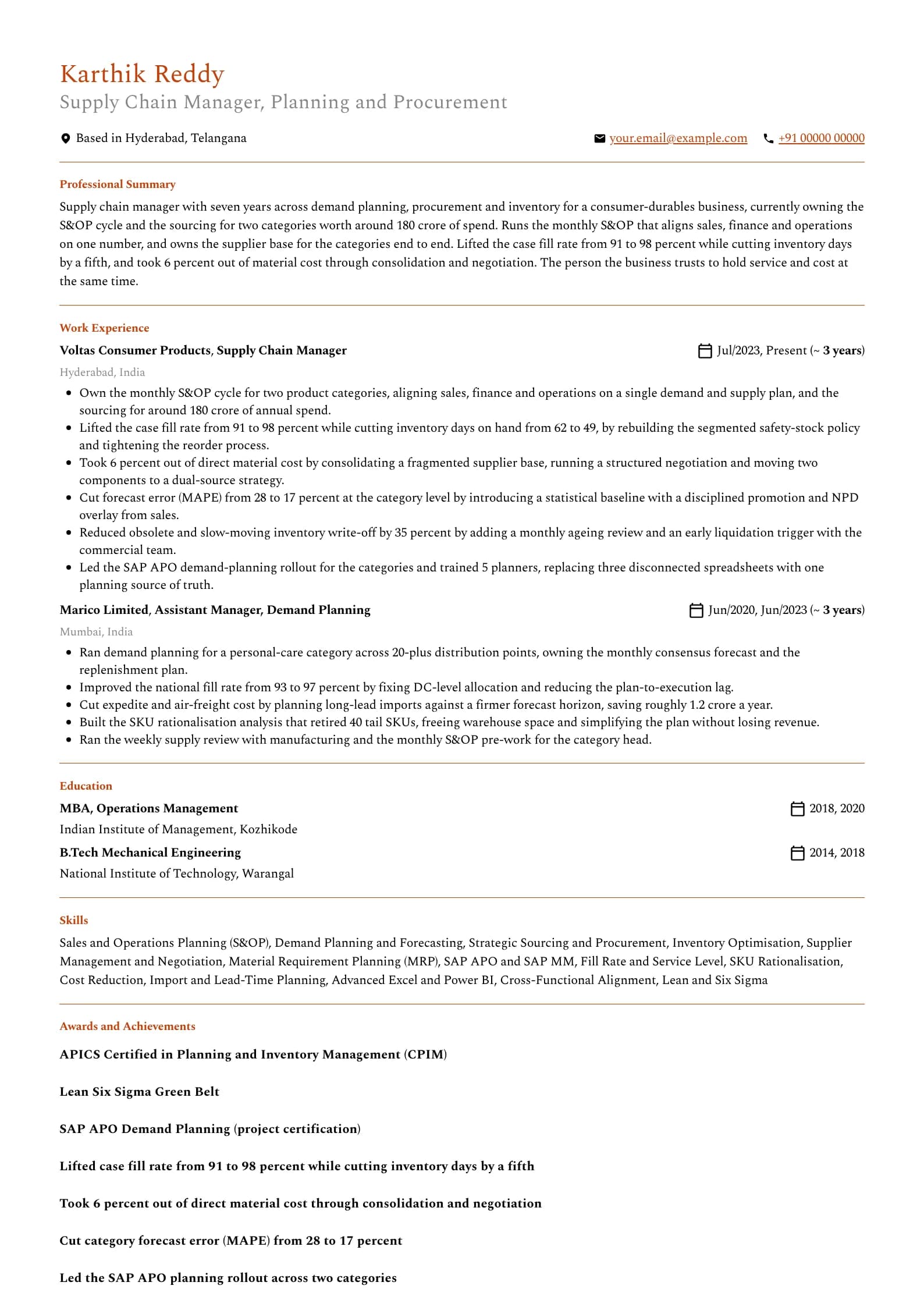 Supply Chain Manager resume example for Supply Chain Manager (7 years), professional template, showing professional summary, work experience, skills, education and certifications