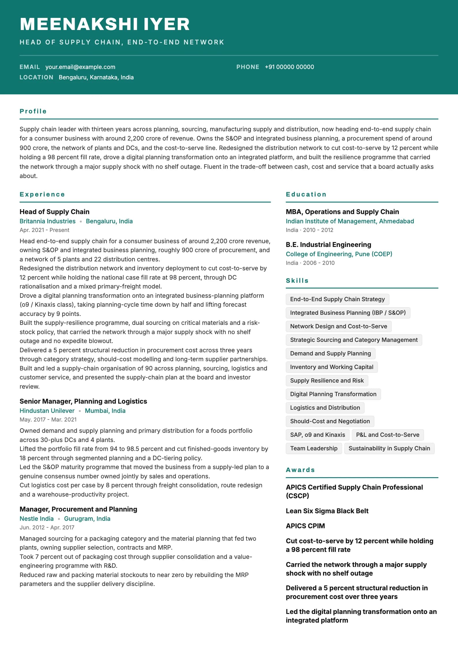 Supply Chain Manager resume example for Head of Supply Chain (13 years), header-band template, showing professional summary, work experience, skills, education and certifications