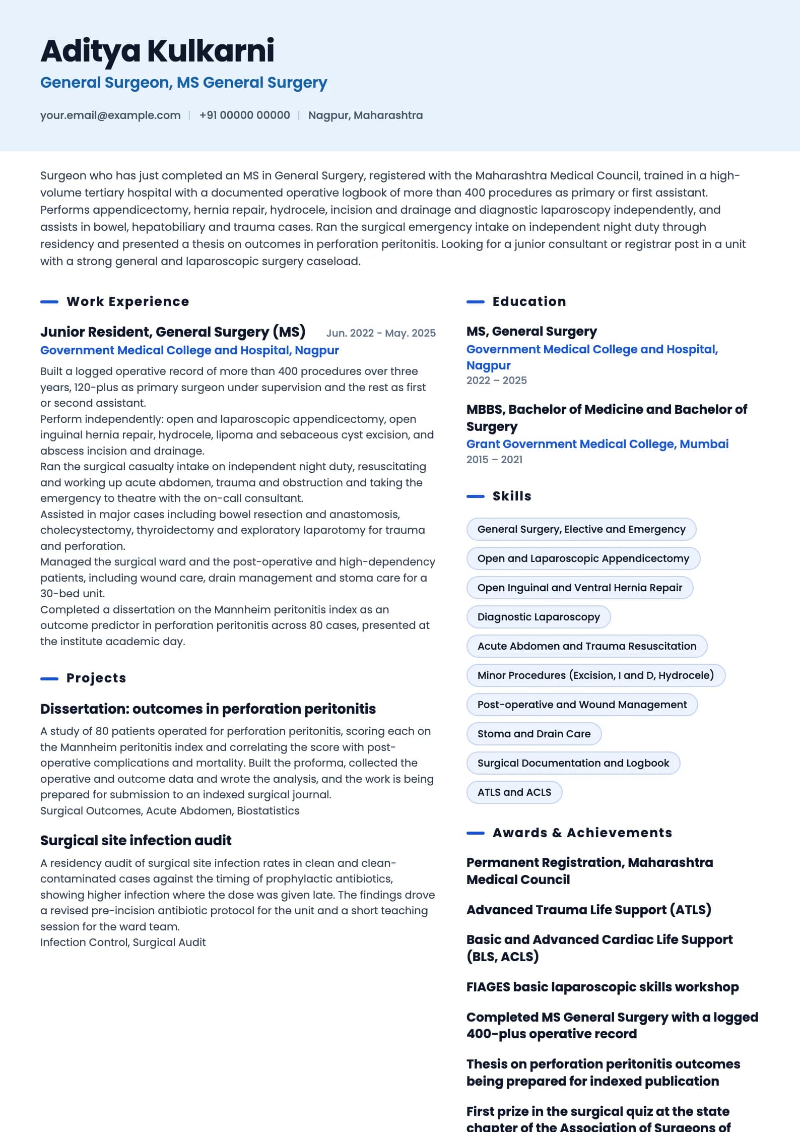 Surgeon resume example for Fresh MS (0 to 1 year), ai-era template, showing professional summary, work experience, projects, skills, education and certifications