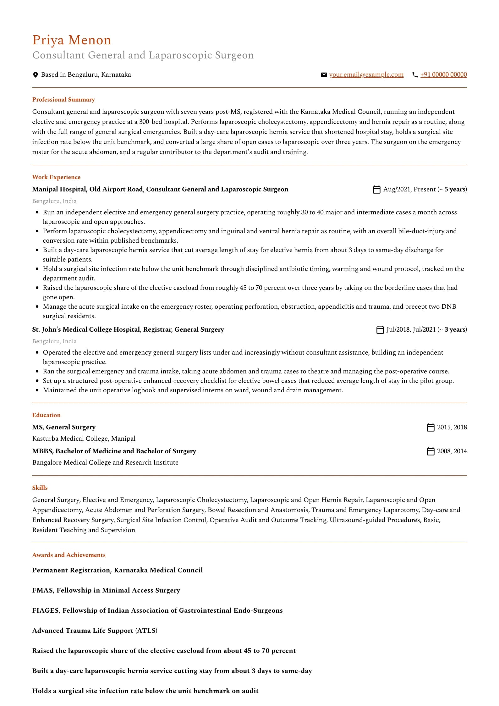 Surgeon resume example for Consultant Surgeon (7 years), professional template, showing professional summary, work experience, skills, education and certifications