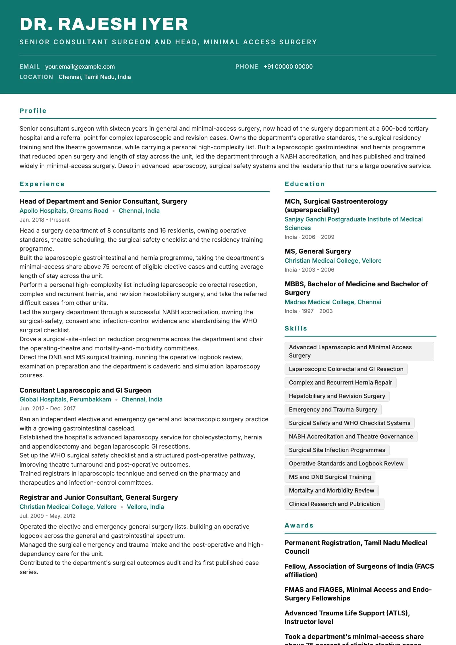 Surgeon resume example for Senior Surgeon and HOD (16 years), header-band template, showing professional summary, work experience, skills, education and certifications
