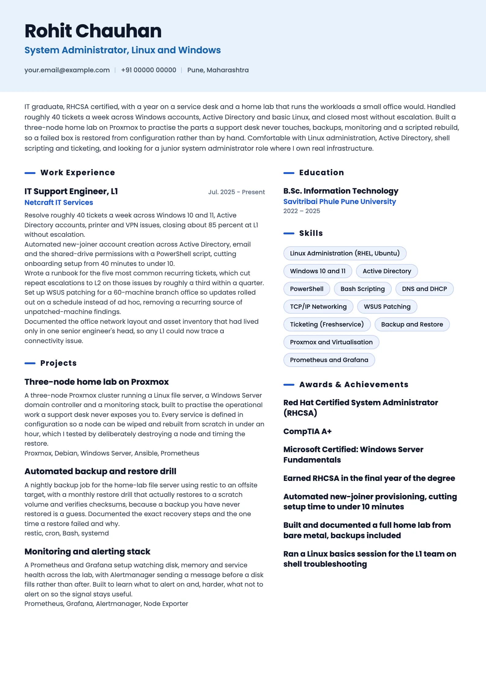 System Administrator resume example for Fresher (0 to 1 years), ai-era template, showing professional summary, work experience, projects, skills, education and certifications