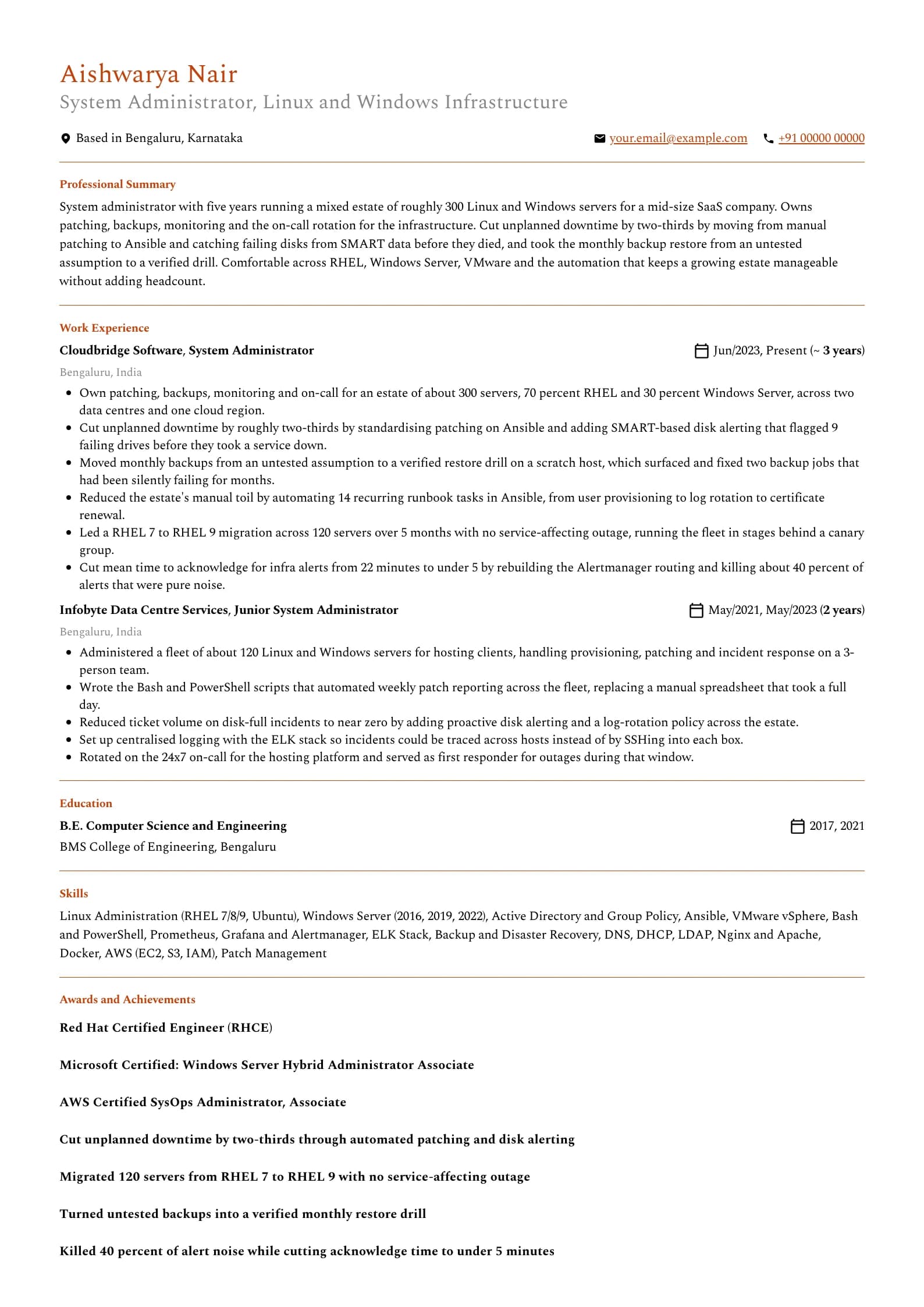 System Administrator resume example for Mid-level (5 years), professional template, showing professional summary, work experience, skills, education and certifications