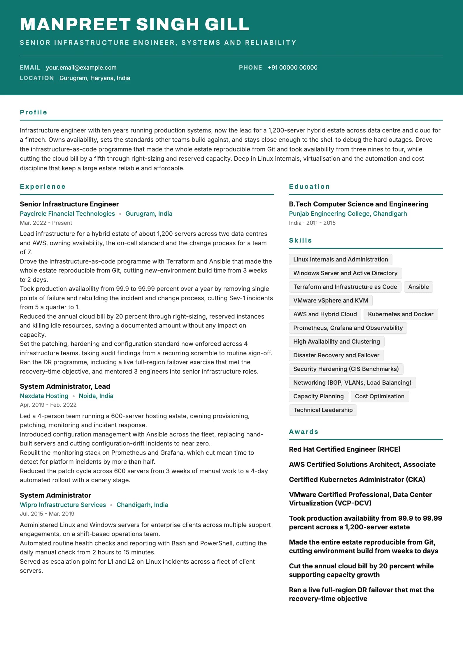 System Administrator resume example for Senior (10 years), header-band template, showing professional summary, work experience, skills, education and certifications