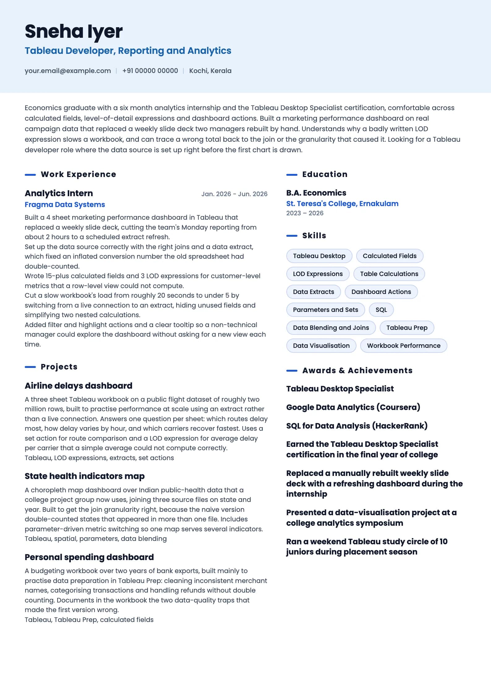 Tableau Developer resume example for Fresher (0 to 1 years), ai-era template, showing professional summary, work experience, projects, skills, education and certifications