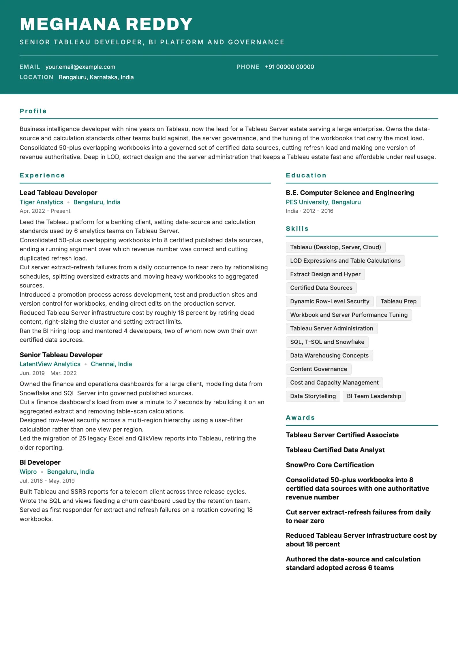 Tableau Developer resume example for Senior (9 years), header-band template, showing professional summary, work experience, skills, education and certifications