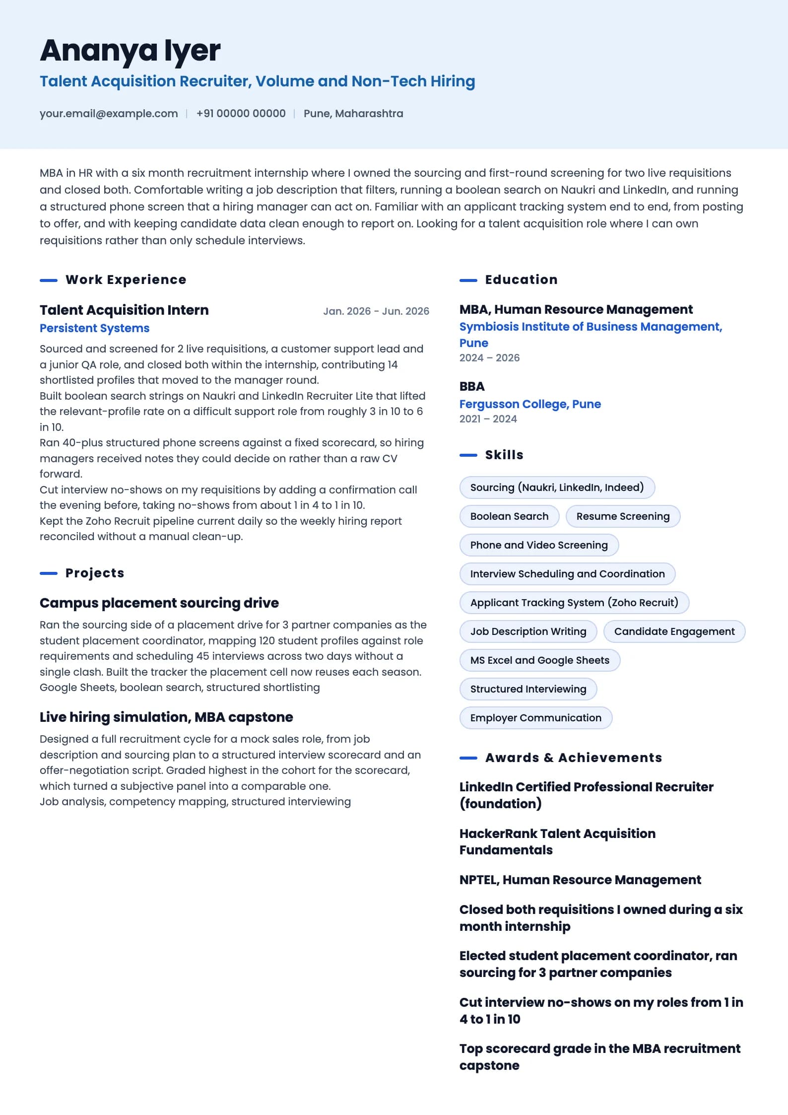 Talent Acquisition Specialist resume example for Fresher (0 to 1 years), ai-era template, showing professional summary, work experience, projects, skills, education and certifications