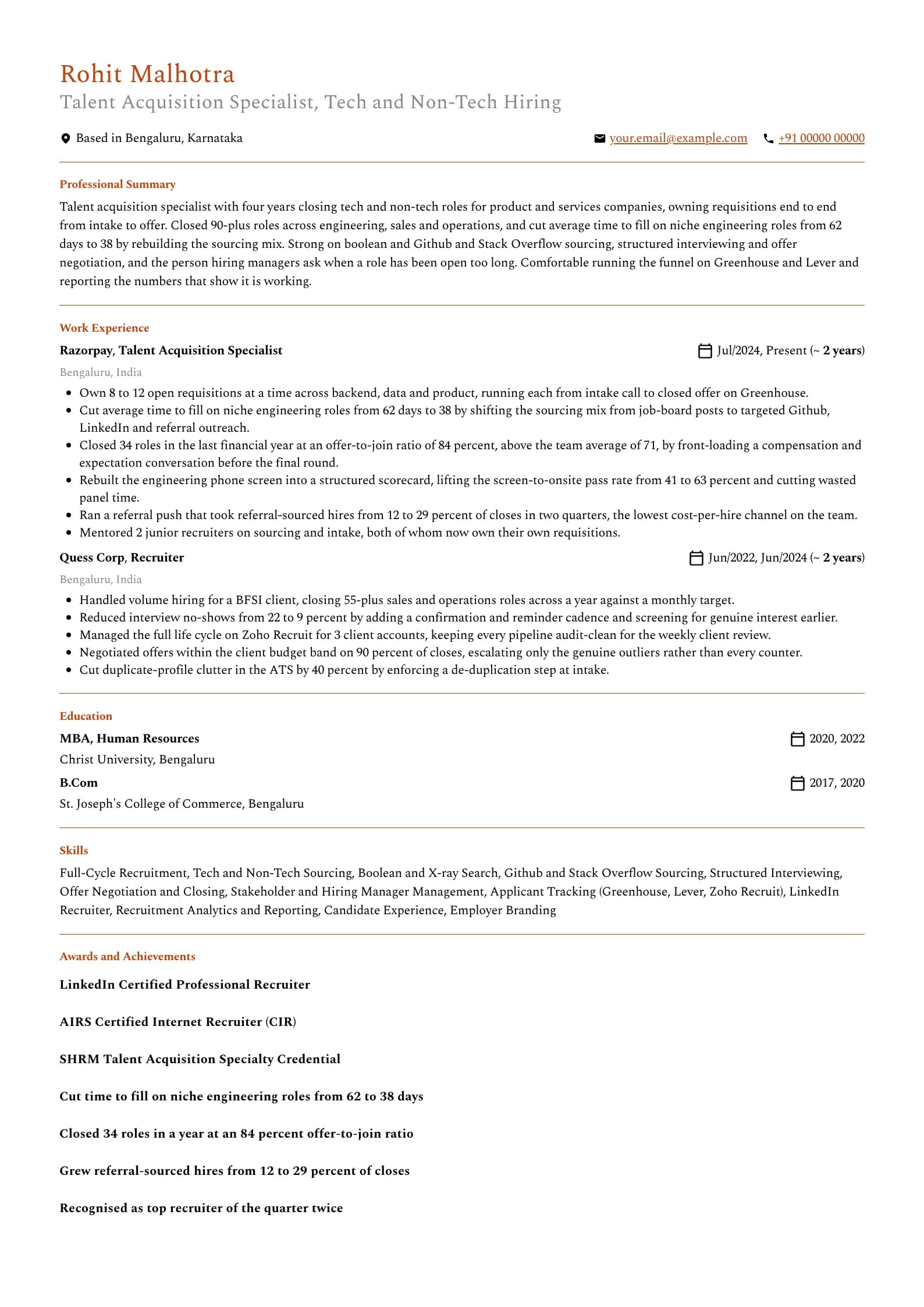 Talent Acquisition Specialist resume example for Mid-level (4 years), professional template, showing professional summary, work experience, skills, education and certifications