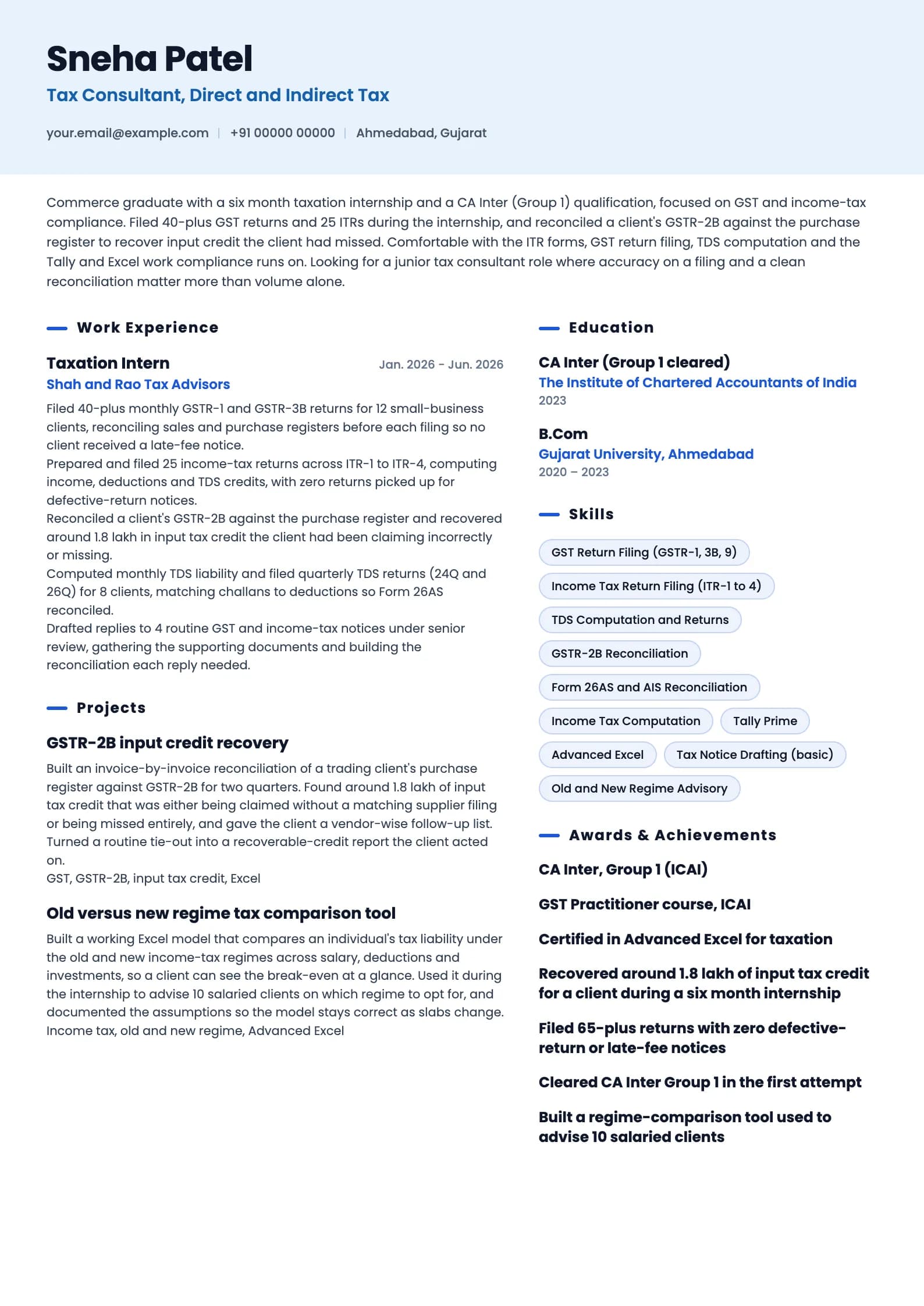 Tax Consultant resume example for Fresher (0 to 1 years), ai-era template, showing professional summary, work experience, projects, skills, education and certifications