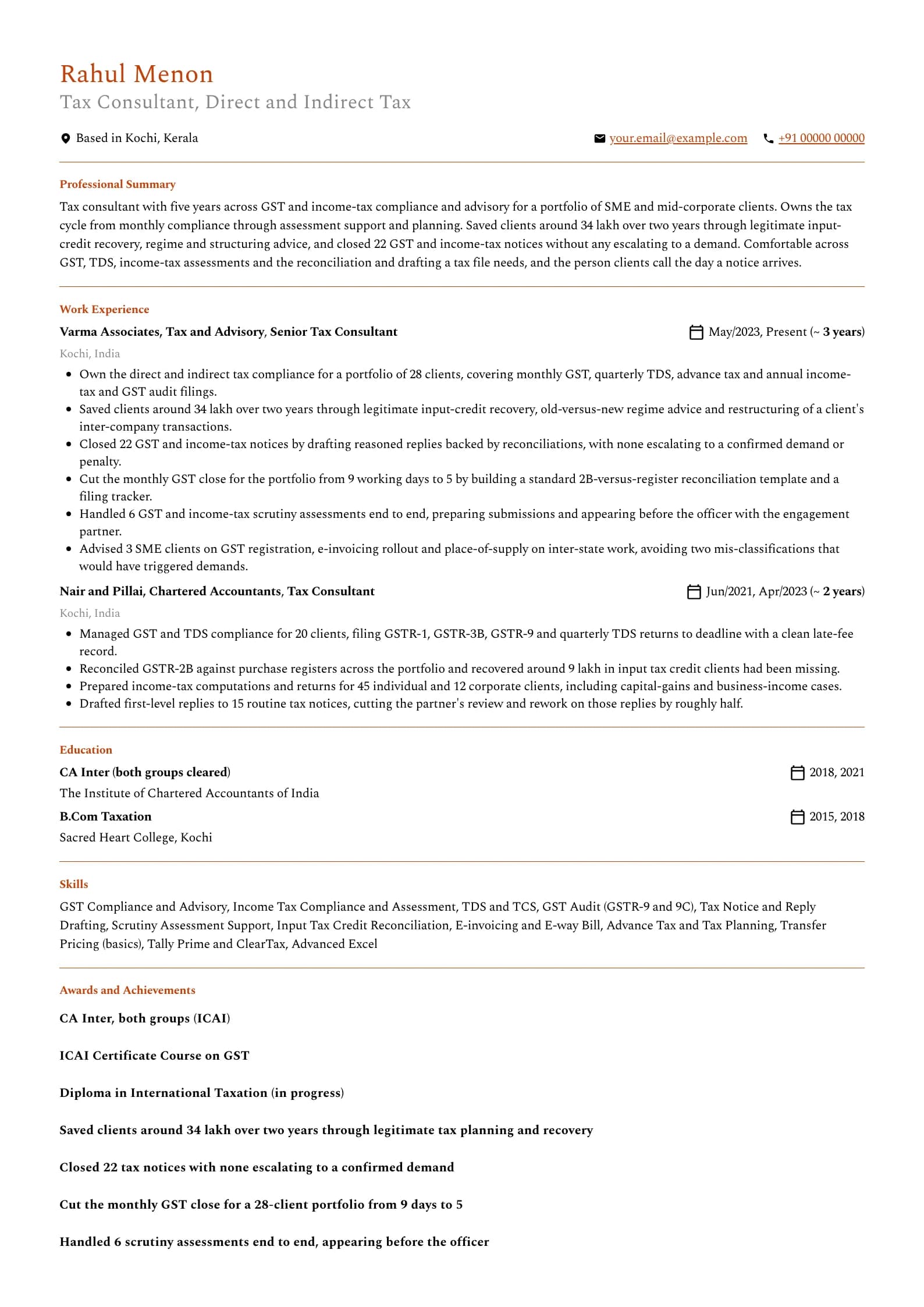 Tax Consultant resume example for Tax Specialist (5 years), professional template, showing professional summary, work experience, skills, education and certifications