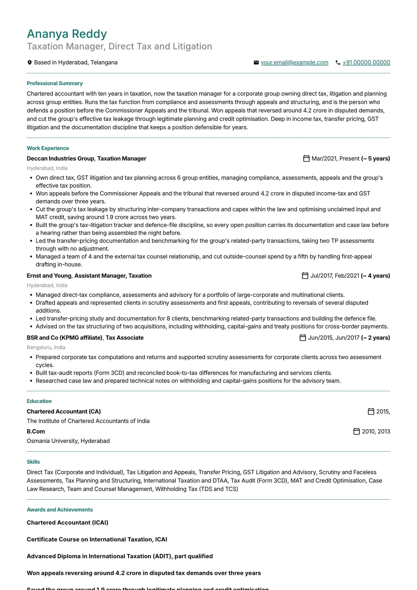 Tax Consultant resume example for Taxation Manager (10 years), minimalist template, showing professional summary, work experience, skills, education and certifications