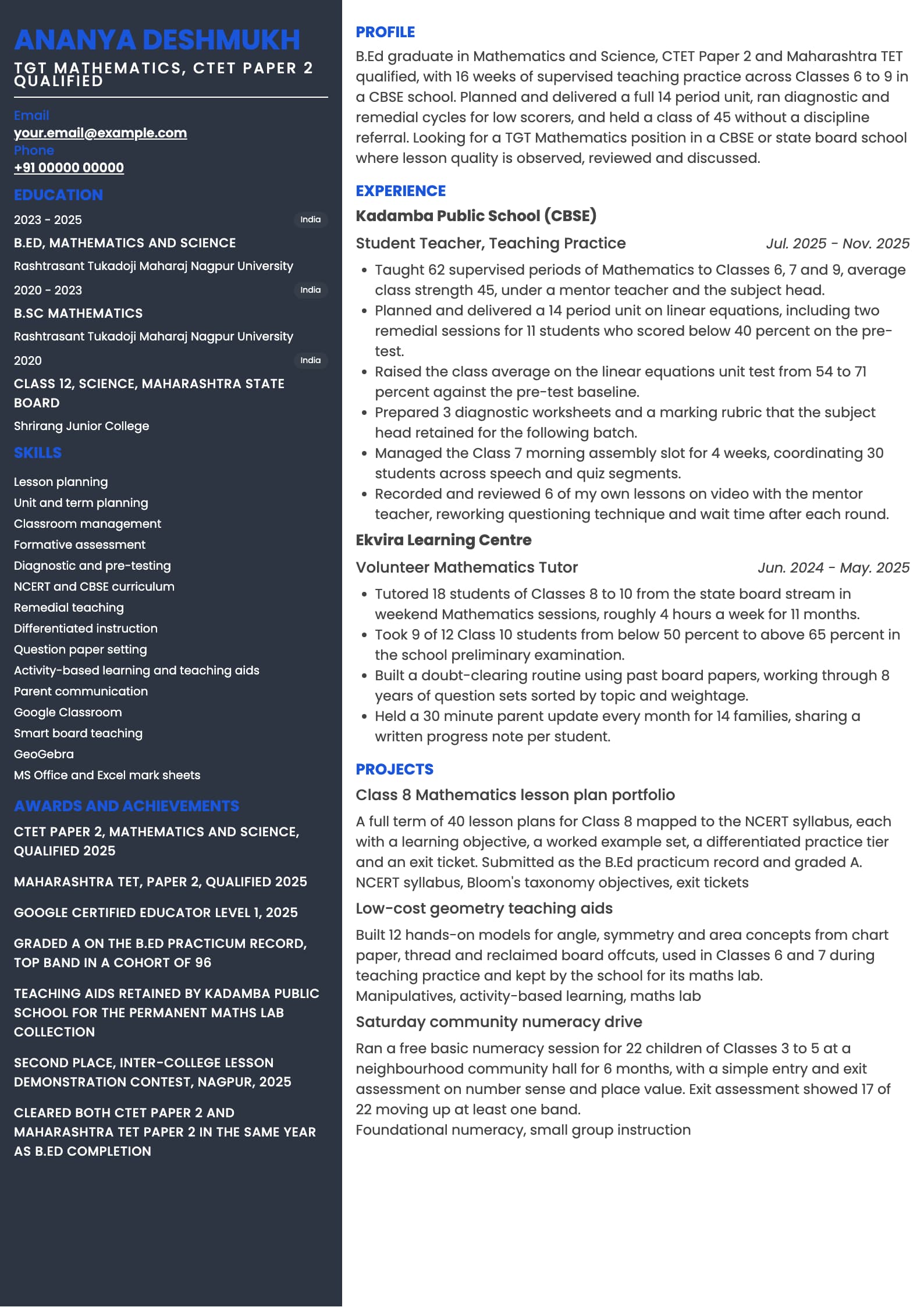 Teacher resume example for Fresher, B.Ed graduate (0 years), polished template, showing professional summary, work experience, projects, skills, education and certifications