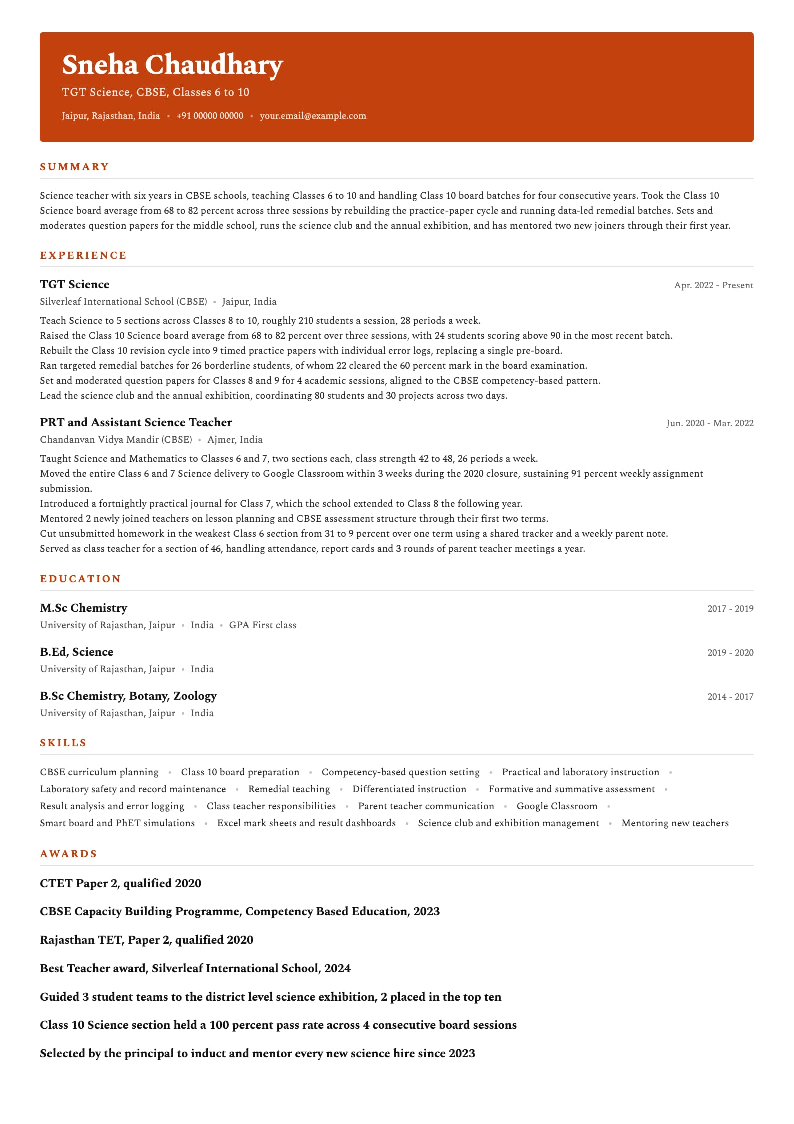 Teacher resume example for School teacher (6 years), banded-header template, showing professional summary, work experience, skills, education and certifications