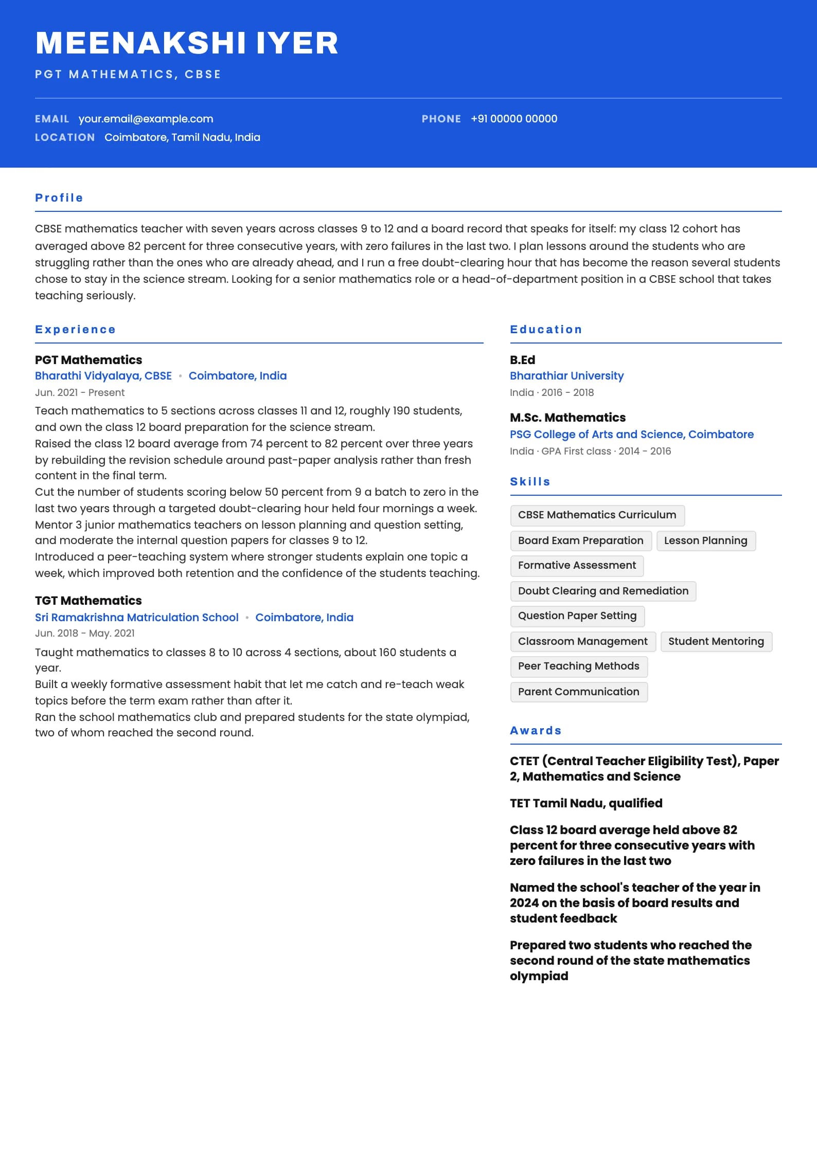 Teacher resume example for Experienced teacher (7 years), header-band template, showing professional summary, work experience, skills, education and certifications