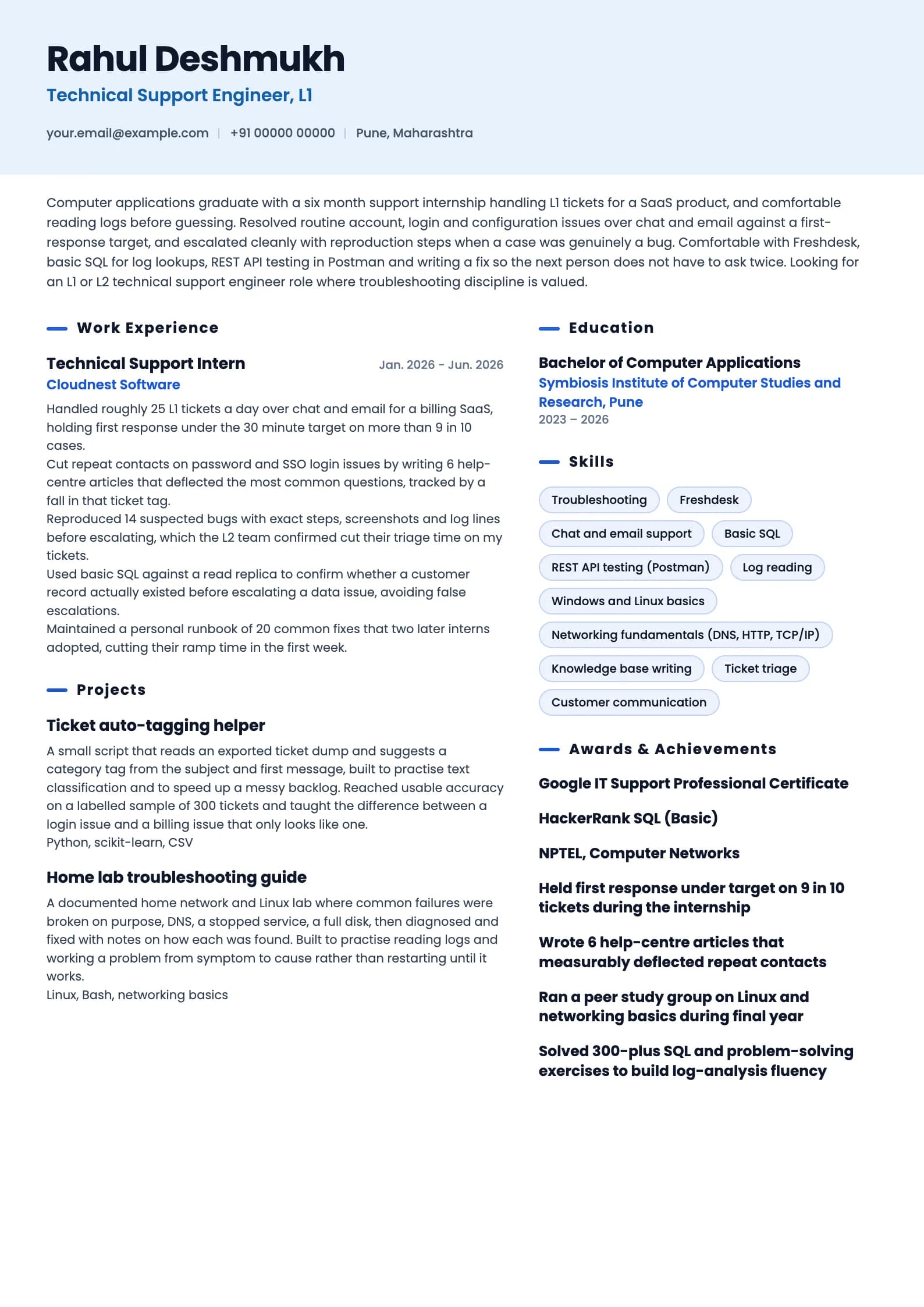 Technical Support Engineer resume example for Fresher (0 to 1 year), ai-era template, showing professional summary, work experience, projects, skills, education and certifications