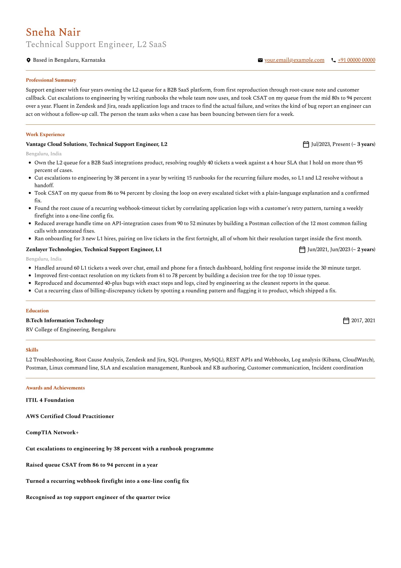 Technical Support Engineer resume example for L2 Engineer (4 years), professional template, showing professional summary, work experience, skills, education and certifications