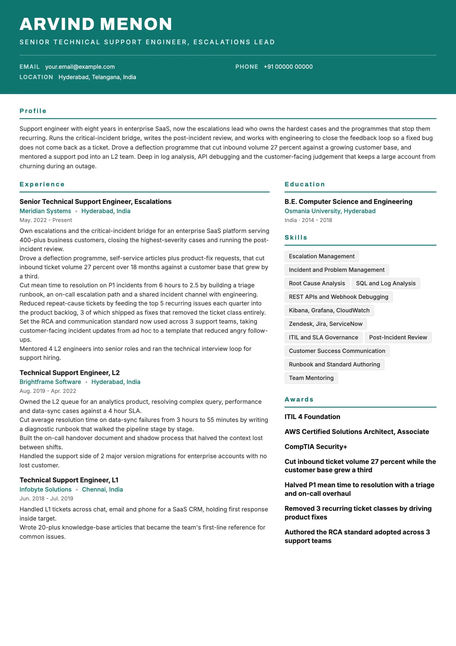 Technical Support Engineer resume example for Senior Engineer (8 years), header-band template, showing professional summary, work experience, skills, education and certifications