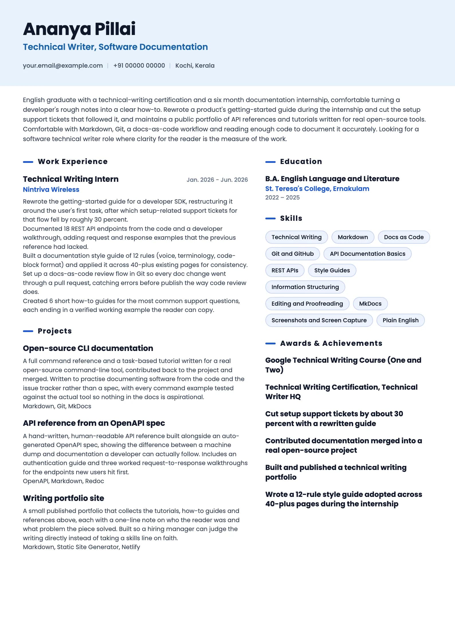 Technical Writer resume example for Fresher (0 years), ai-era template, showing professional summary, work experience, projects, skills, education and certifications