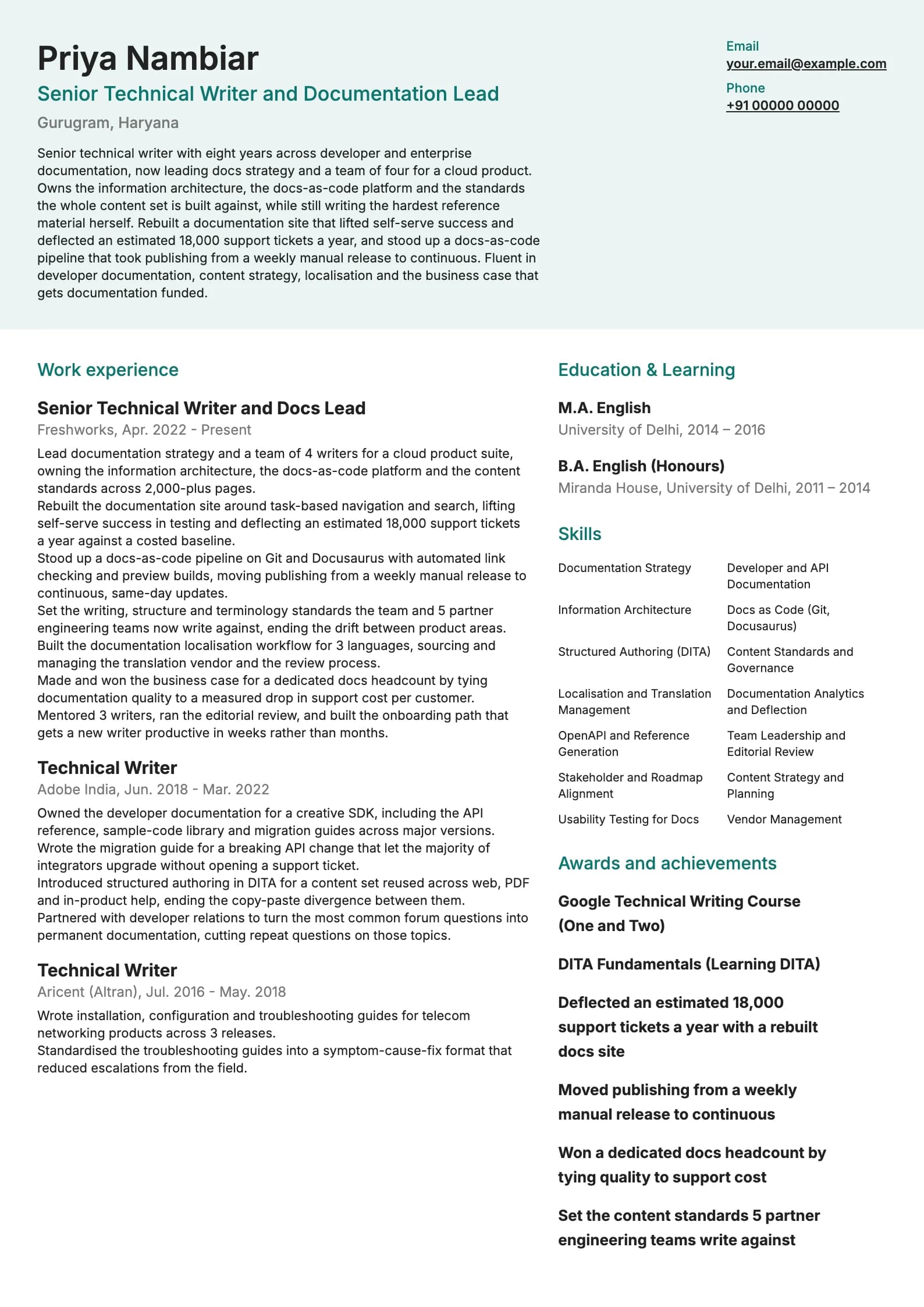Technical Writer resume example for Senior (8 years), modern template, showing professional summary, work experience, skills, education and certifications
