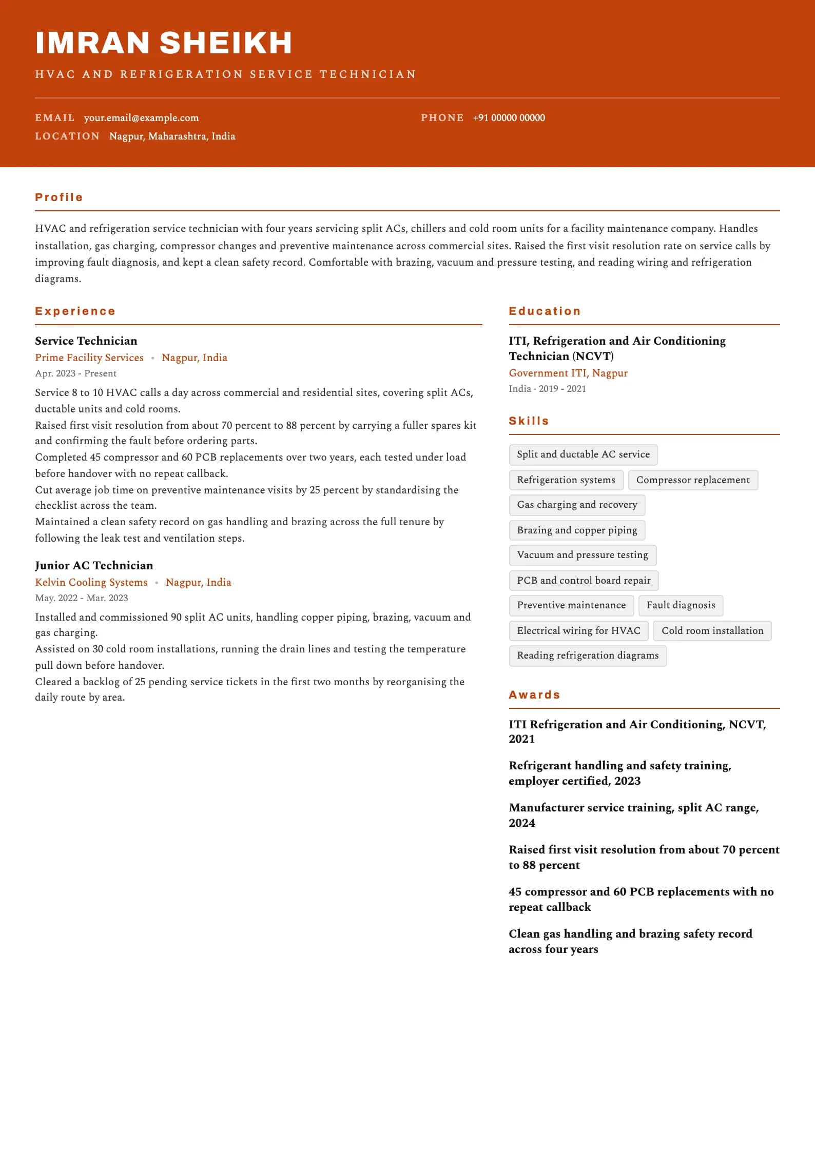 Technician resume example for Experienced Service Technician (4 years), header-band template, showing professional summary, work experience, skills, education and certifications