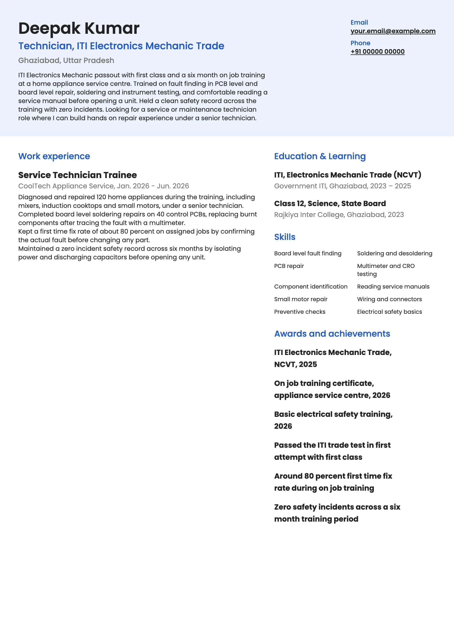 Technician resume example for ITI Passout (0 to 1 year), modern template, showing professional summary, work experience, skills, education and certifications