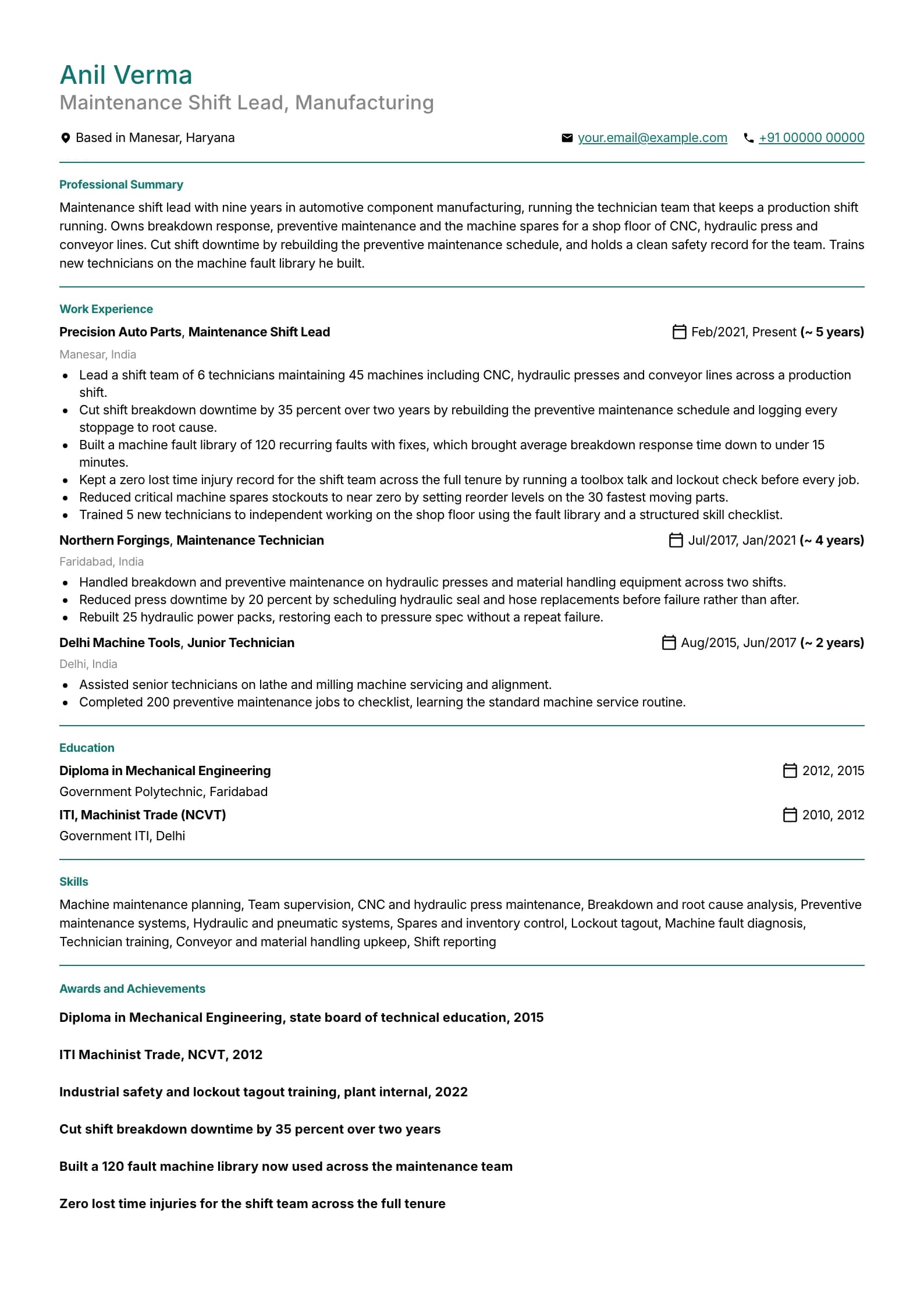 Technician resume example for Shift Lead Technician (9 years), professional template, showing professional summary, work experience, skills, education and certifications