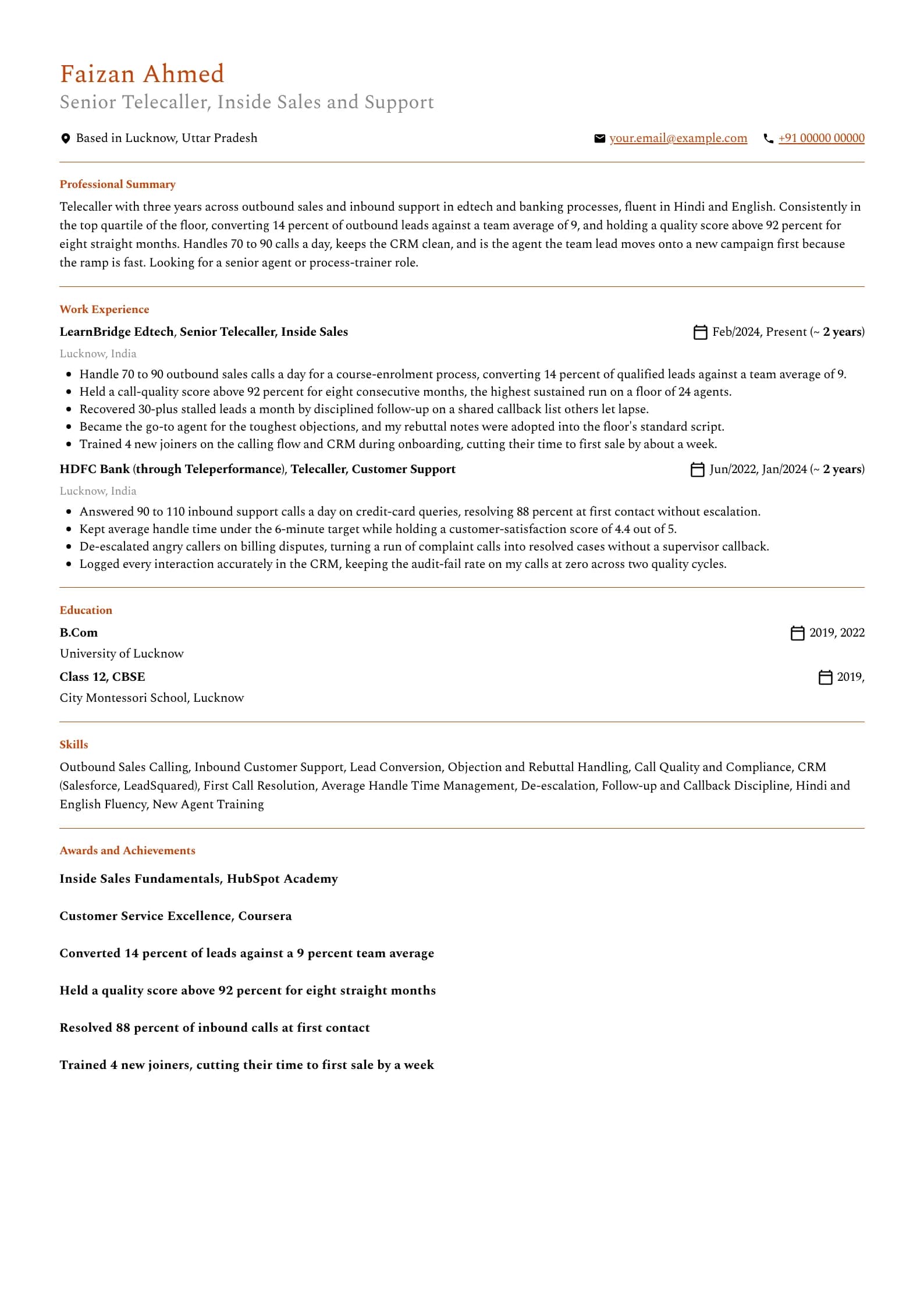 Telecaller resume example for Experienced agent (3 years), professional template, showing professional summary, work experience, skills, education and certifications