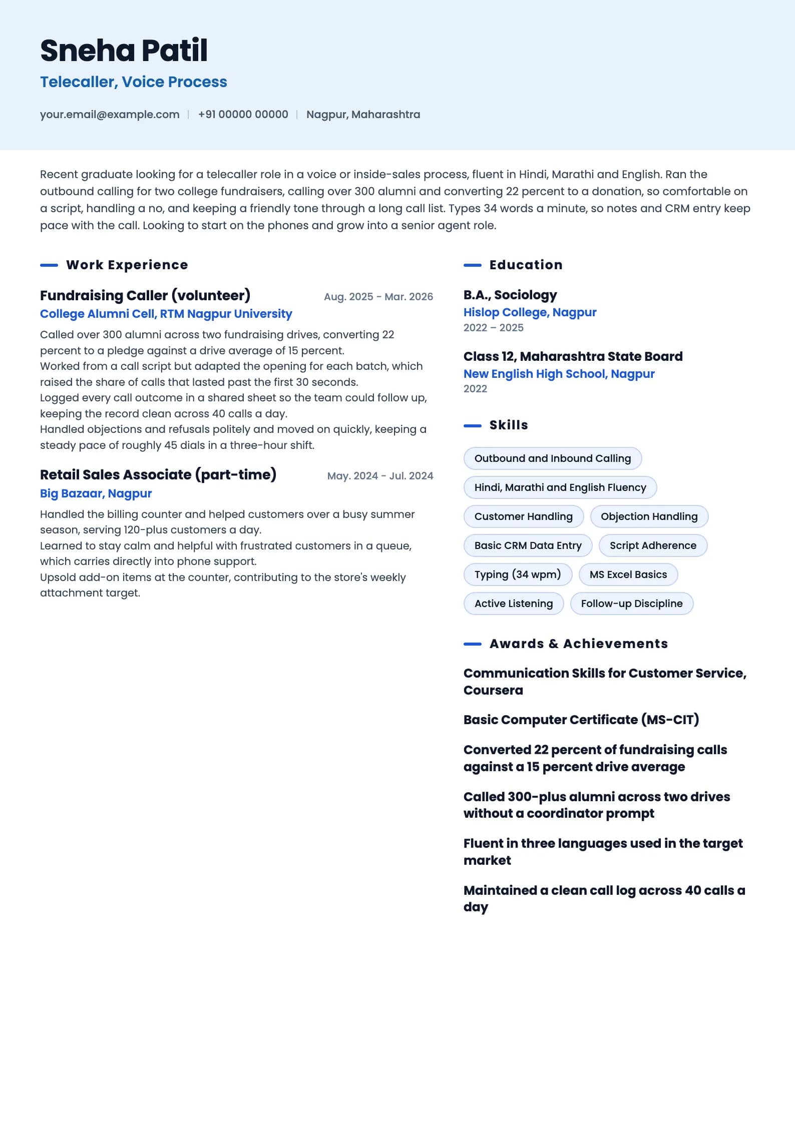 Telecaller resume example for Fresher (0 years), ai-era template, showing professional summary, work experience, skills, education and certifications