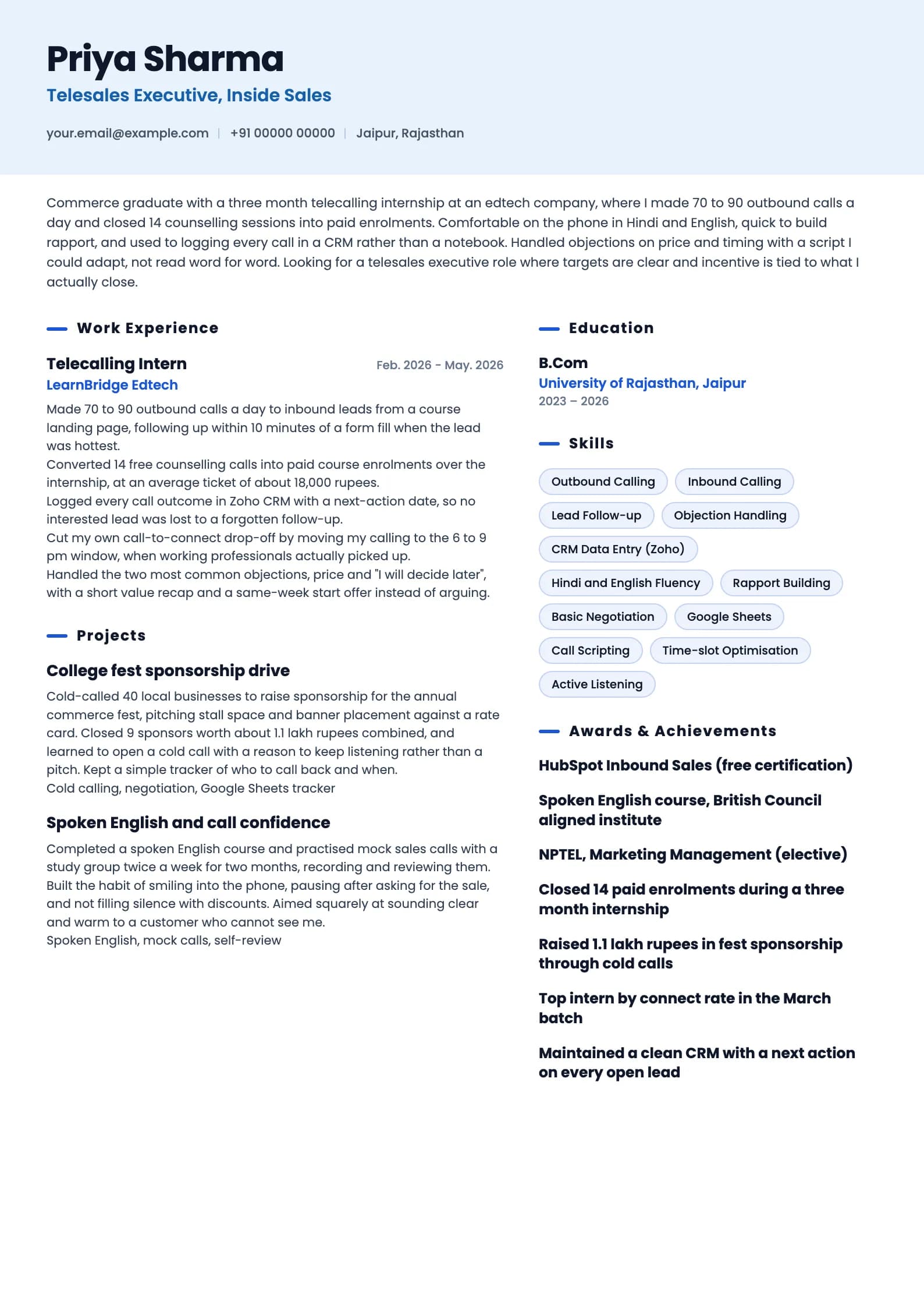 Telesales Executive resume example for Fresher (0 years), ai-era template, showing professional summary, work experience, projects, skills, education and certifications