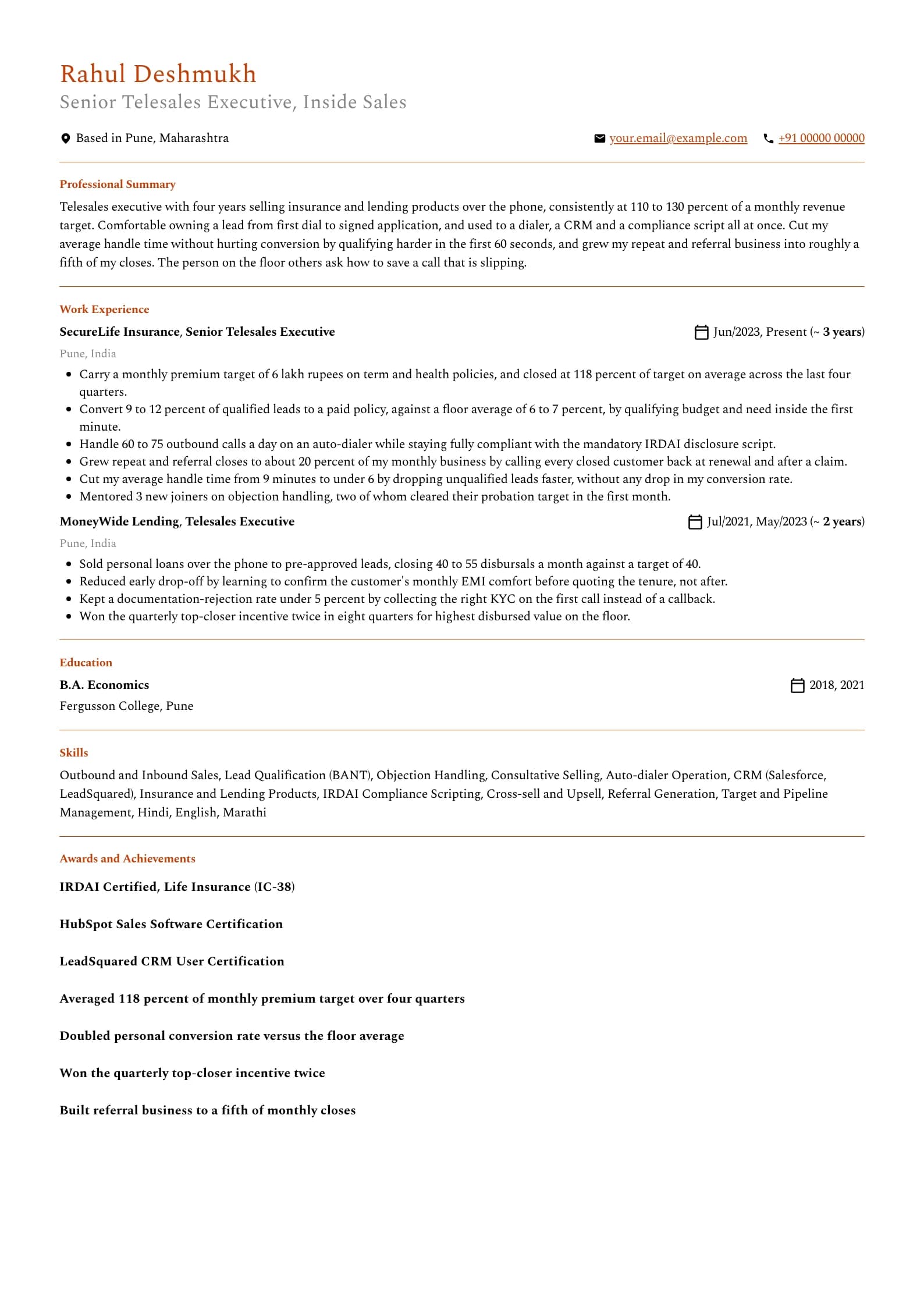 Telesales Executive resume example for Experienced (4 years), professional template, showing professional summary, work experience, skills, education and certifications