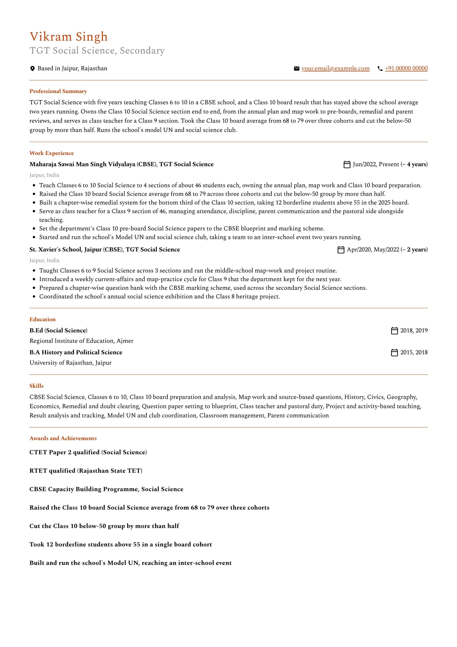 TGT Teacher resume example for TGT with a board record (5 years), professional template, showing professional summary, work experience, skills, education and certifications