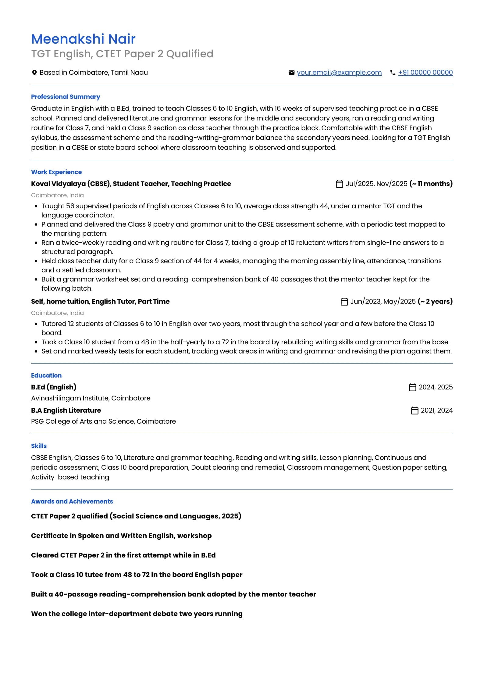TGT Teacher resume example for Fresher, B.A plus B.Ed (0 years), minimalist template, showing professional summary, work experience, skills, education and certifications