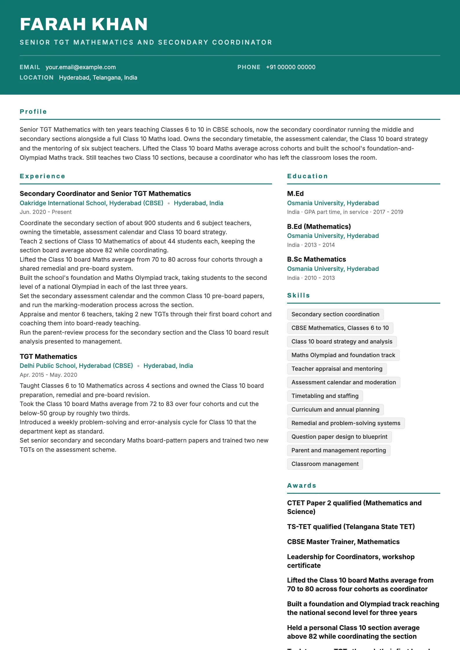 TGT Teacher resume example for Senior TGT moving to coordinator (10 years), header-band template, showing professional summary, work experience, skills, education and certifications