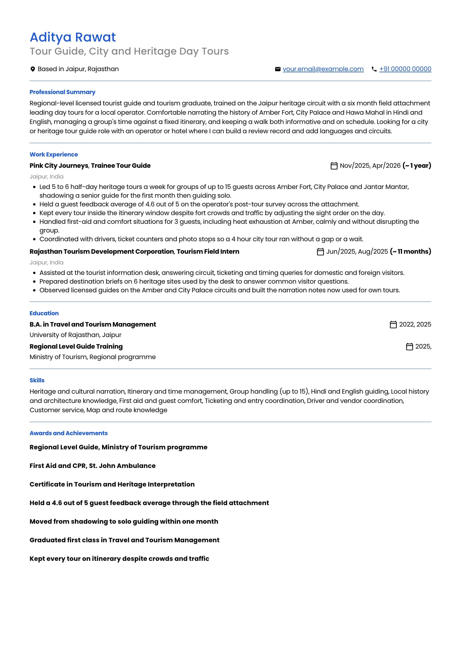 Tour Guide resume example for Fresher (0 years), professional template, showing professional summary, work experience, skills, education and certifications