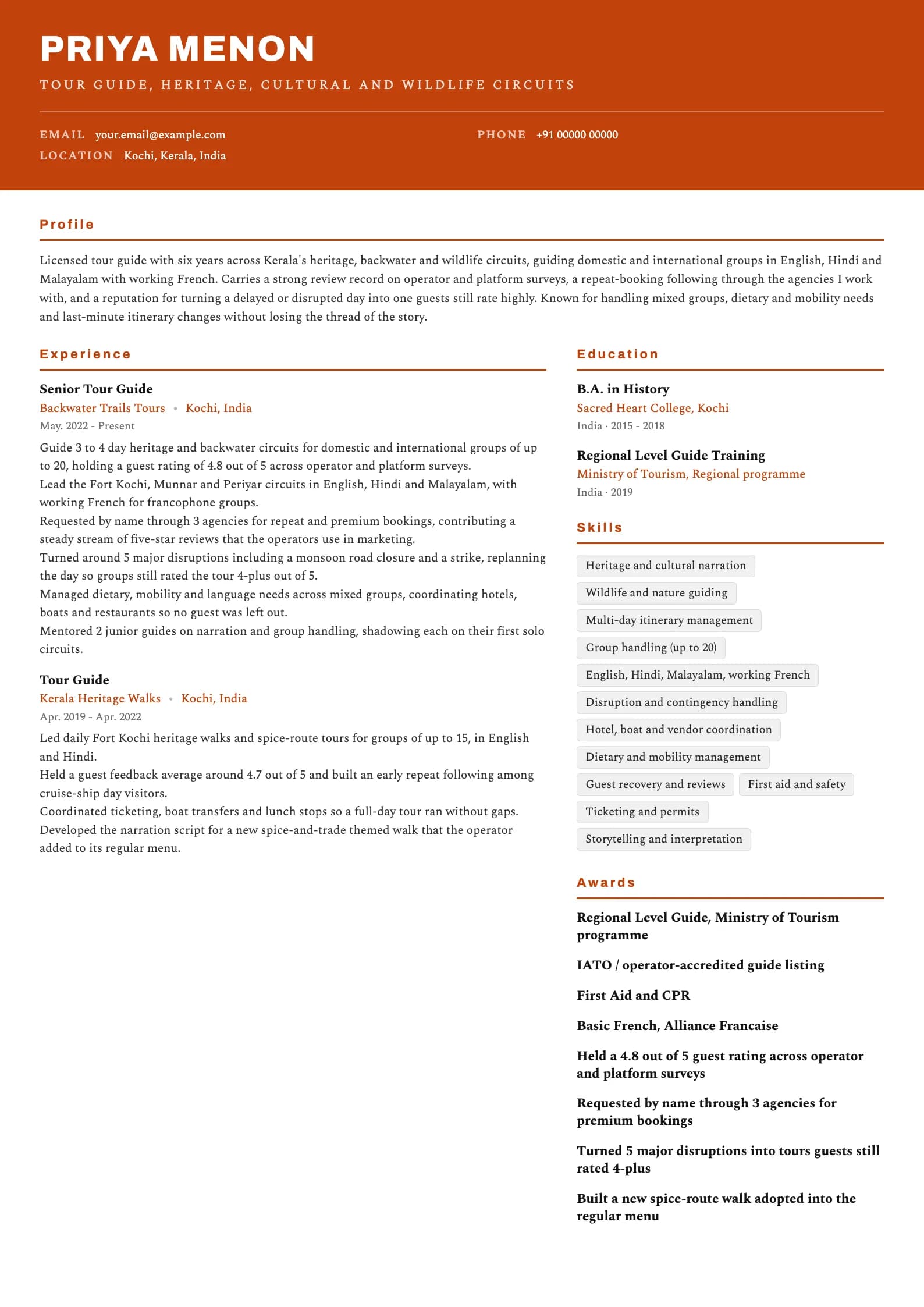 Tour Guide resume example for Heritage and Cultural Guide (6 years), header-band template, showing professional summary, work experience, skills, education and certifications