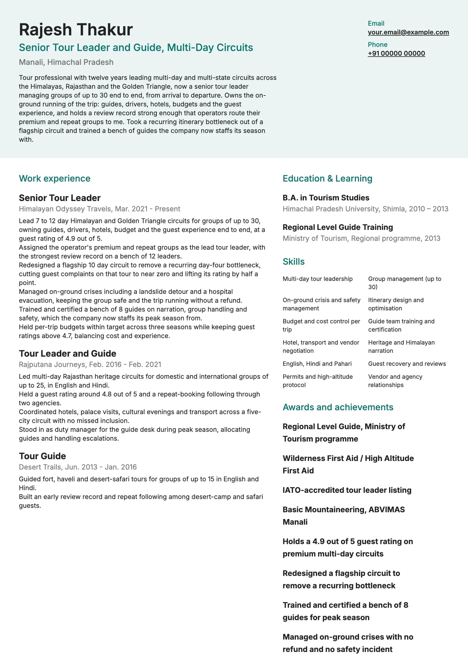 Tour Guide resume example for Senior Tour Leader (12 years), modern template, showing professional summary, work experience, skills, education and certifications