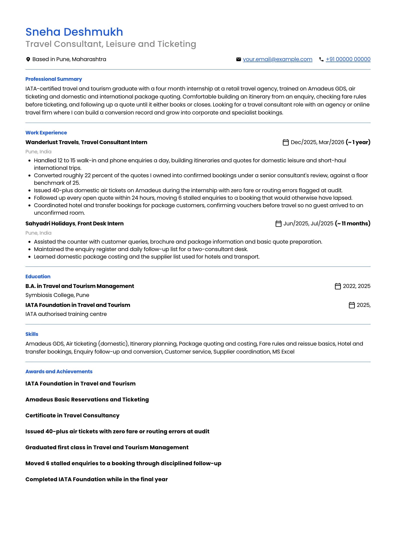 Travel Agent resume example for Fresher (0 years), professional template, showing professional summary, work experience, skills, education and certifications