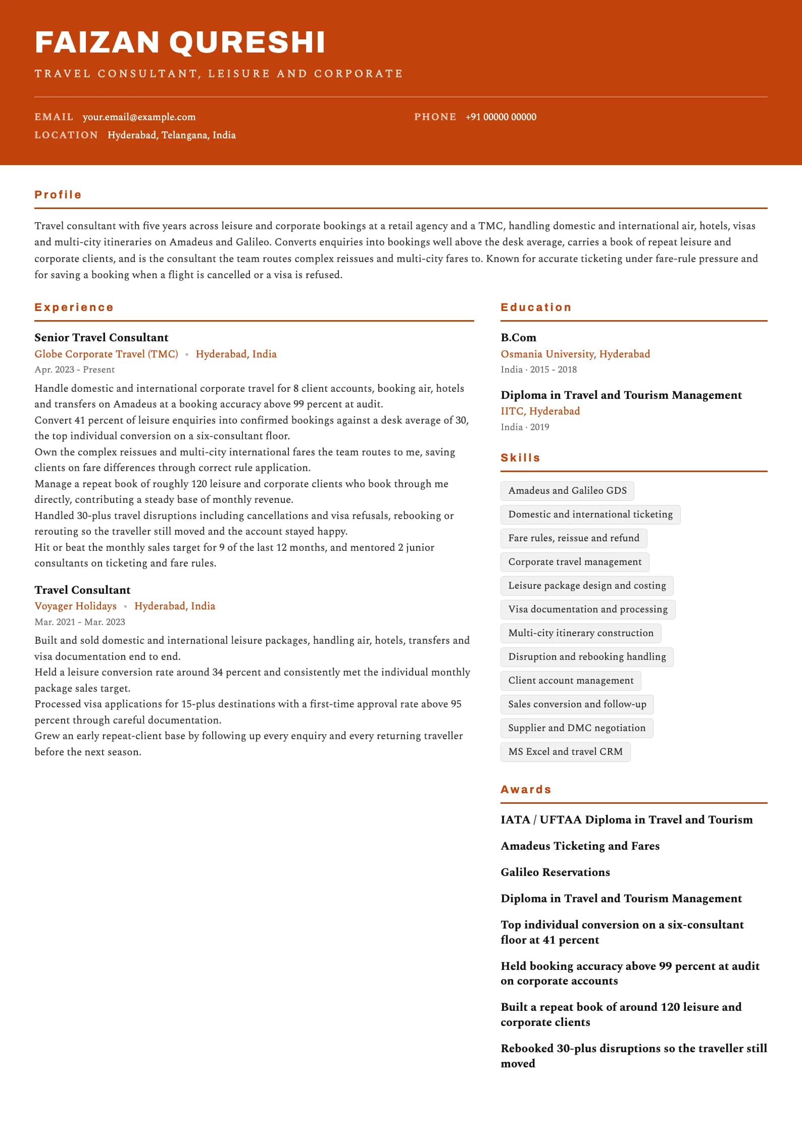 Travel Agent resume example for Travel Consultant (5 years), header-band template, showing professional summary, work experience, skills, education and certifications