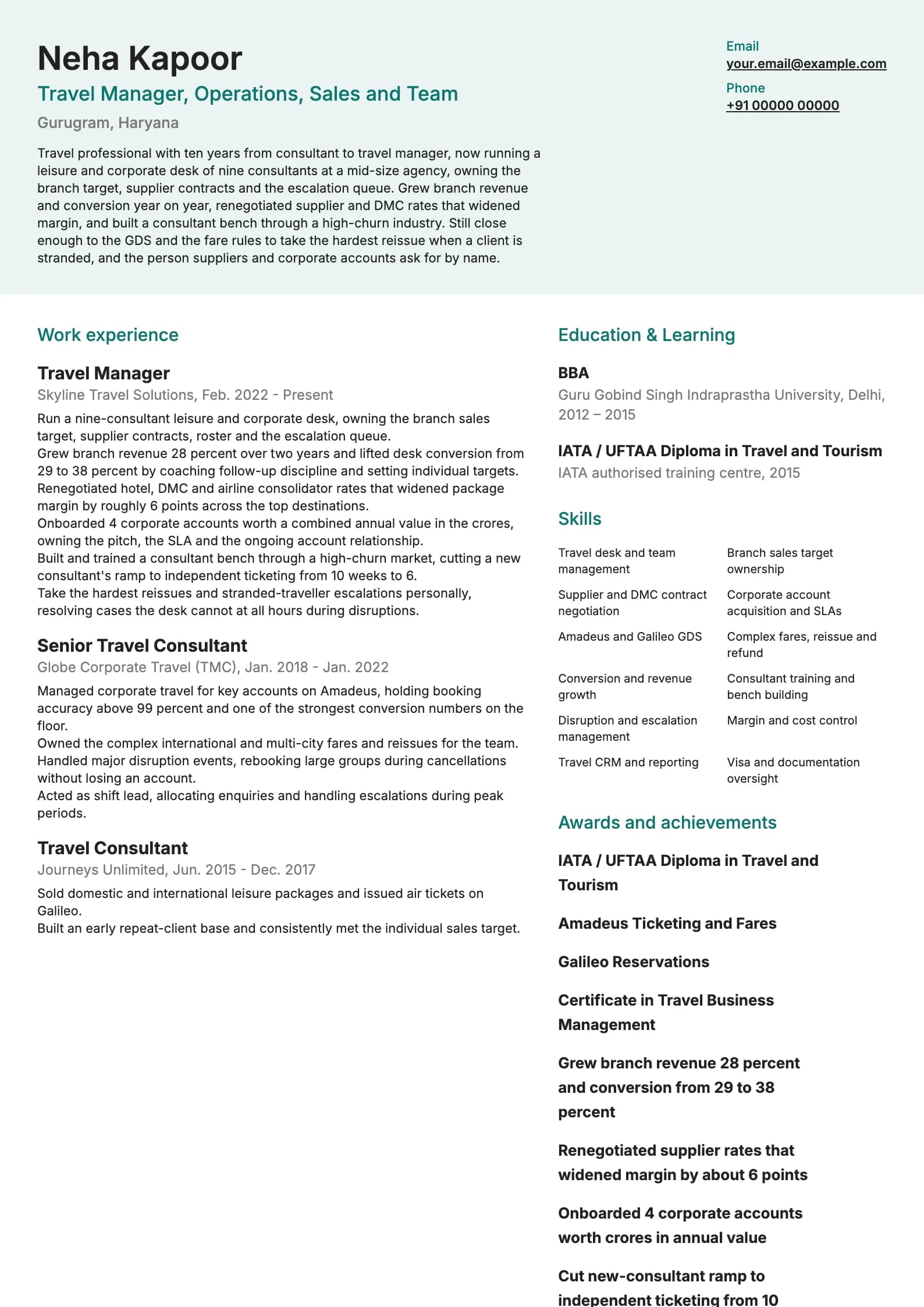 Travel Agent resume example for Senior Travel Manager (10 years), modern template, showing professional summary, work experience, skills, education and certifications