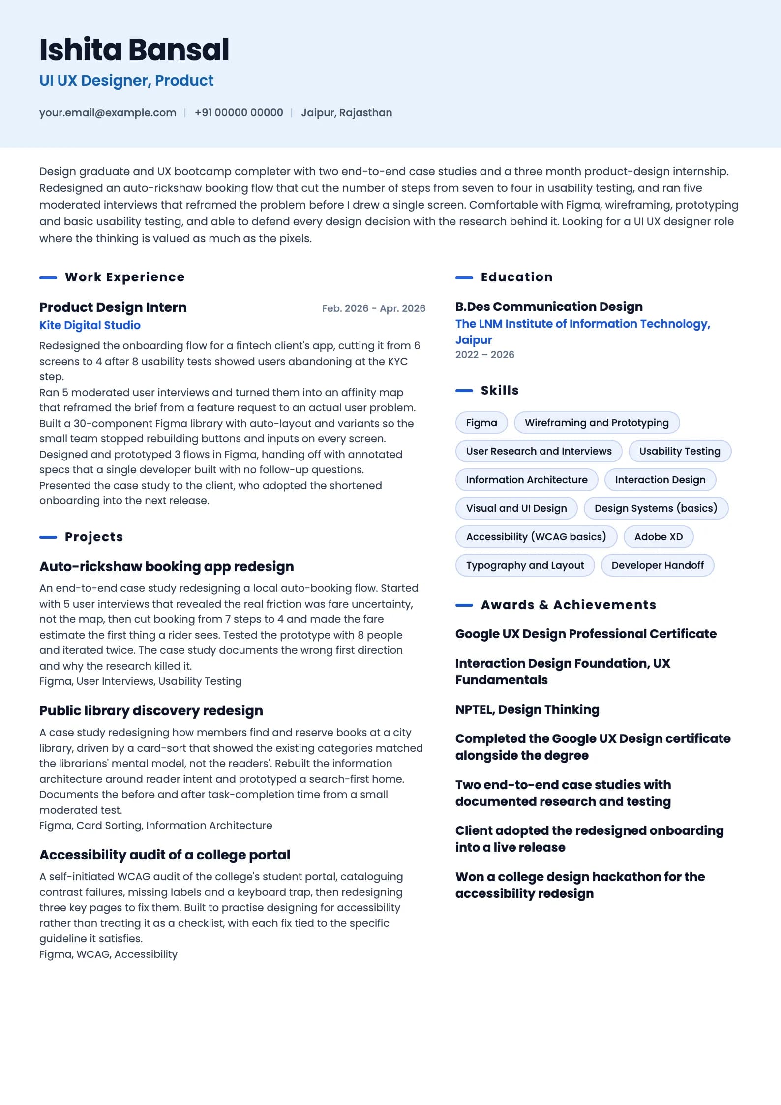 UI UX Designer resume example for Fresher (0 to 1 year), ai-era template, showing professional summary, work experience, projects, skills, education and certifications