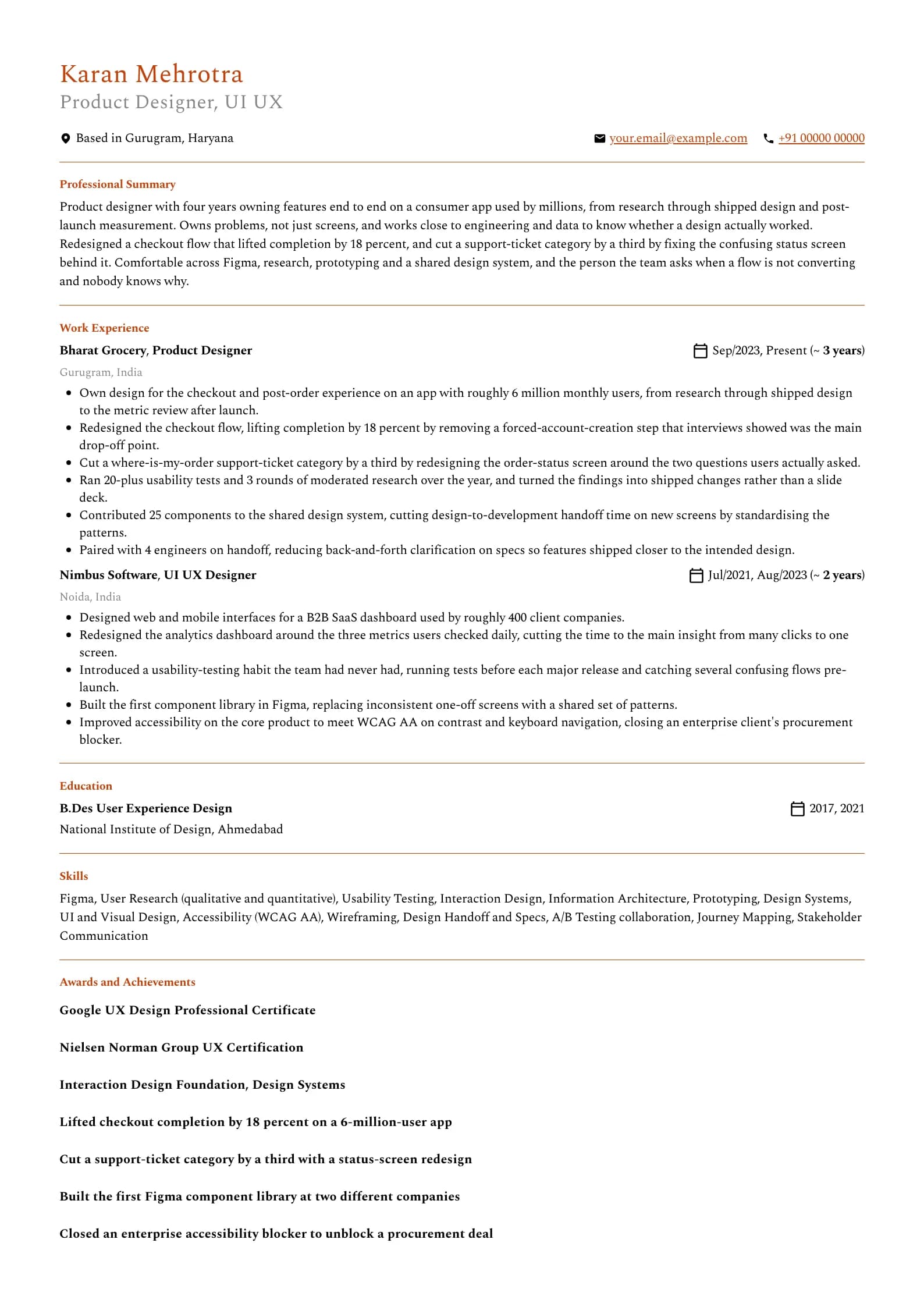 UI UX Designer resume example for Mid-level (4 years), professional template, showing professional summary, work experience, skills, education and certifications
