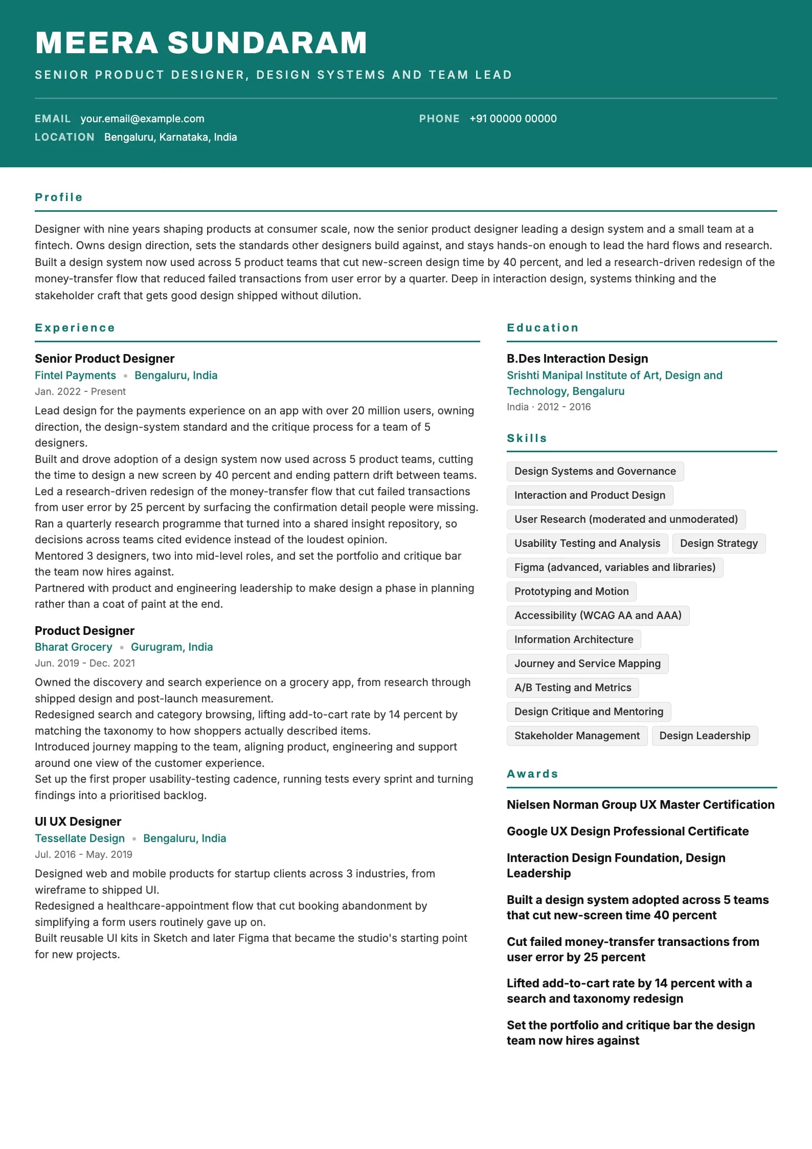 UI UX Designer resume example for Senior (9 years), header-band template, showing professional summary, work experience, skills, education and certifications