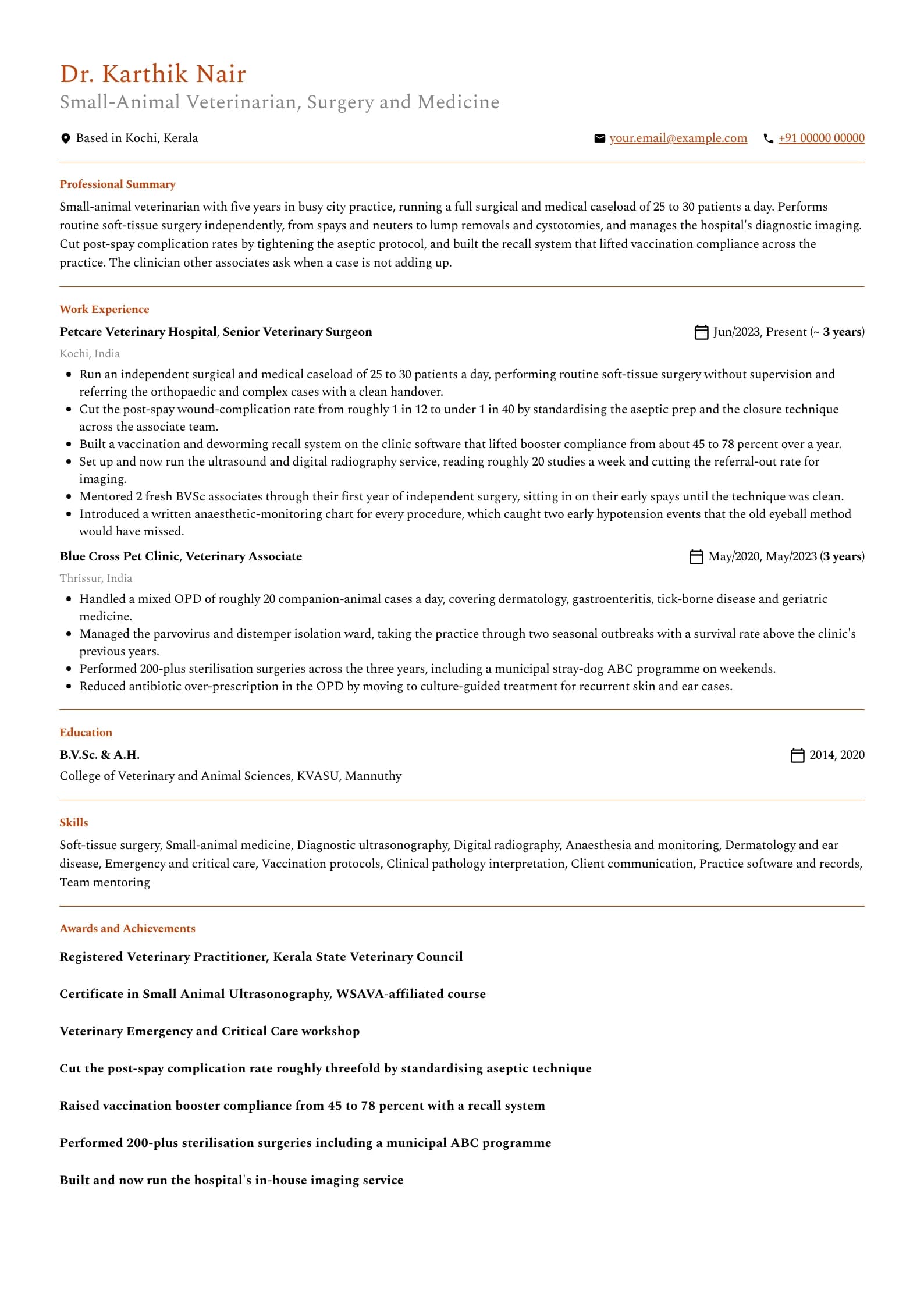 Veterinarian resume example for Mid-level (5 years), professional template, showing professional summary, work experience, skills, education and certifications