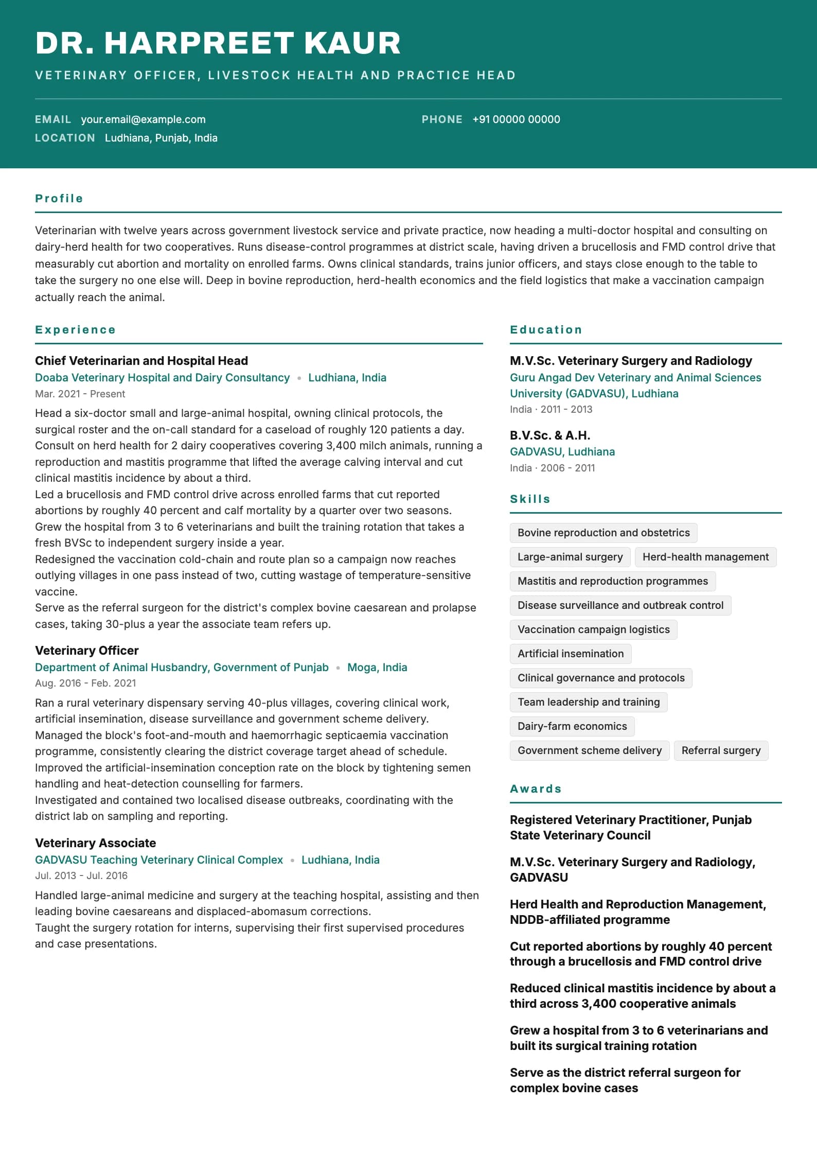 Veterinarian resume example for Senior (12 years), header-band template, showing professional summary, work experience, skills, education and certifications