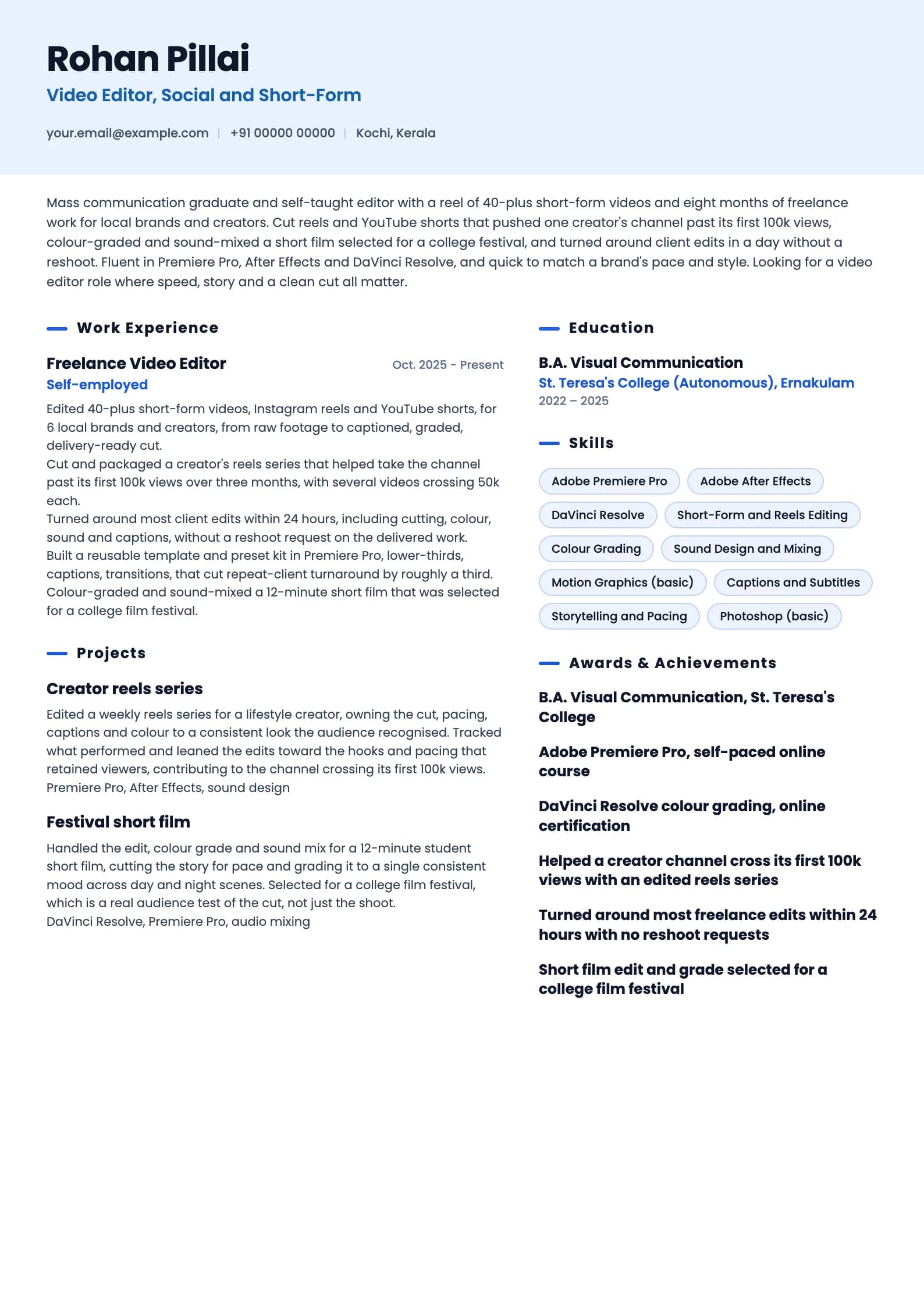 Video Editor resume example for Fresher (0 years), ai-era template, showing professional summary, work experience, projects, skills, education and certifications