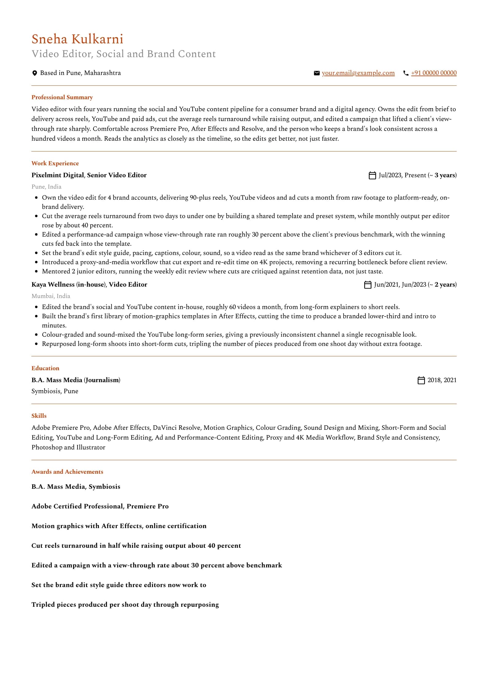 Video Editor resume example for Mid-level (4 years), professional template, showing professional summary, work experience, skills, education and certifications