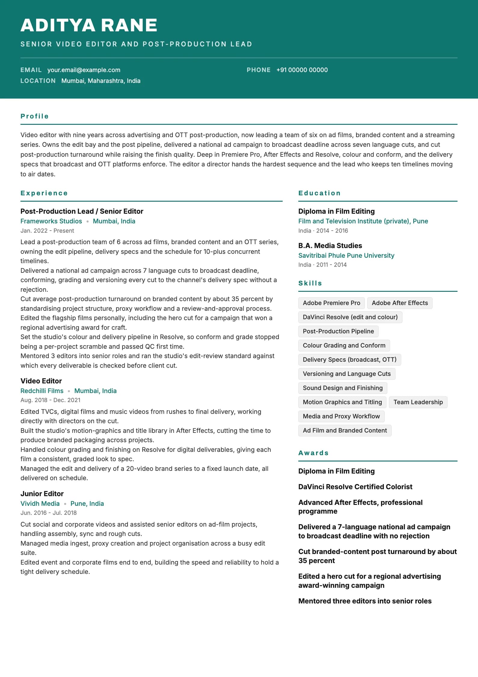 Video Editor resume example for Senior (9 years), header-band template, showing professional summary, work experience, skills, education and certifications