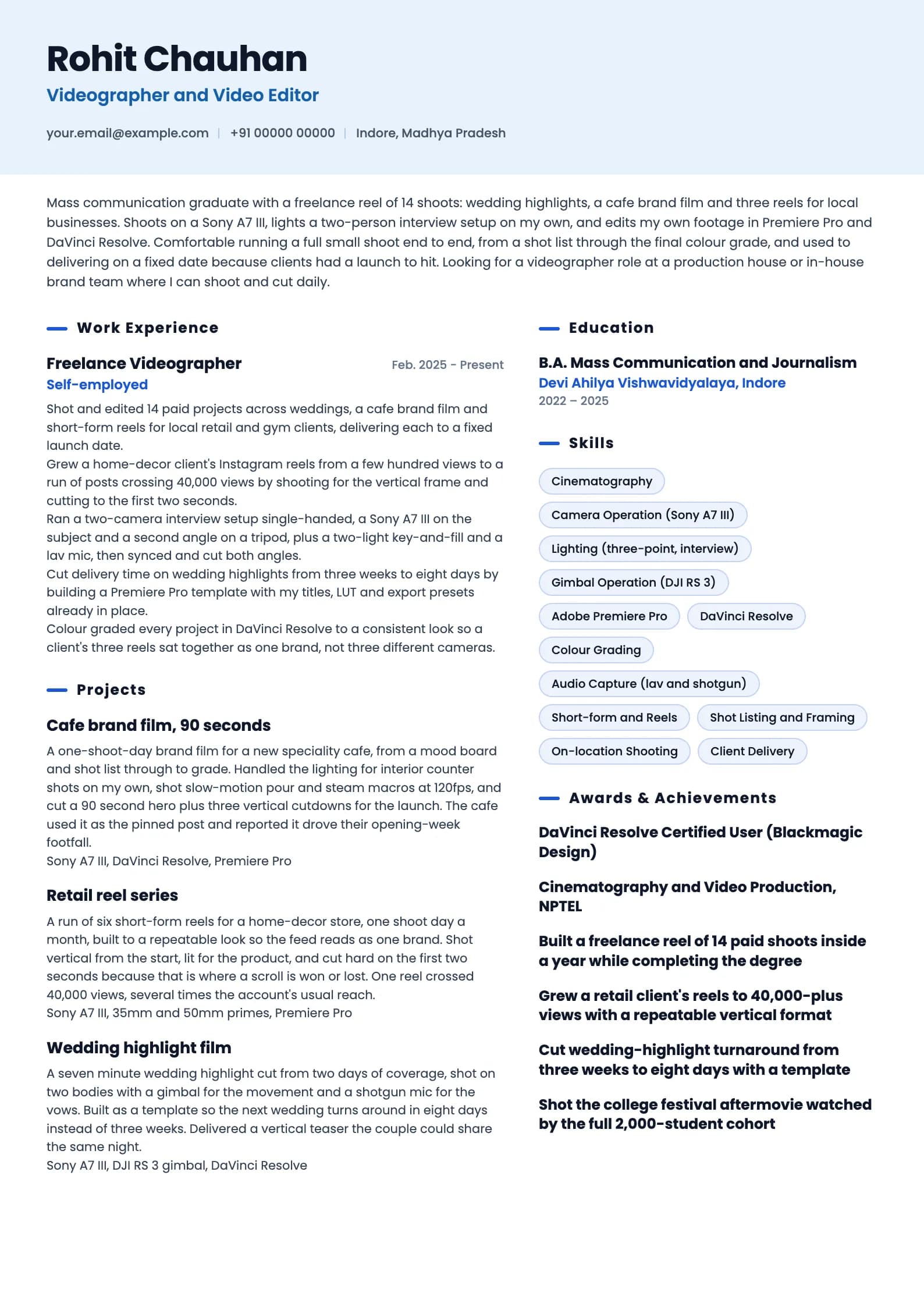 Videographer resume example for Fresher (0 to 1 year), ai-era template, showing professional summary, work experience, projects, skills, education and certifications
